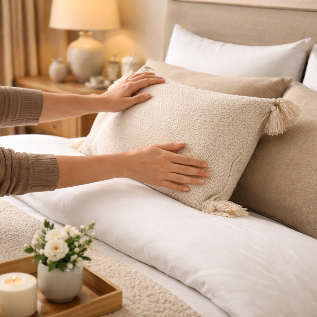 Person arranging decorative pillows on a bed in a cozy bedroom with neutral tones, surrounded by soft lighting and a flower arrangement on a tray.