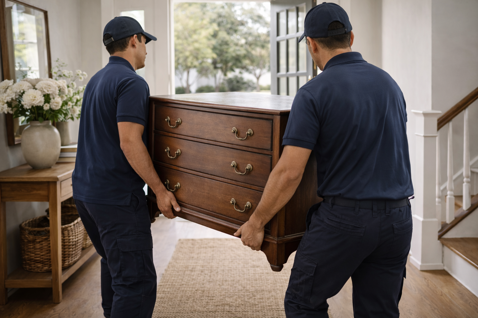 Two movers in navy uniforms and caps carry a wooden dresser into a home through a front door with open windows. The room has a side table with a vase of white flowers and baskets, with stairs visible on the right side.