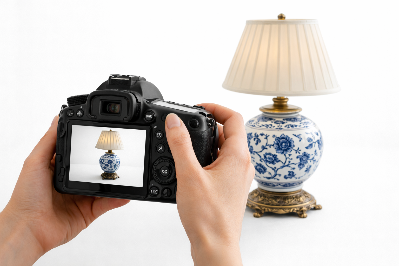 A person taking a photo of a table lamp with a floral blue and white ceramic base and a white pleated shade, against a plain white background.