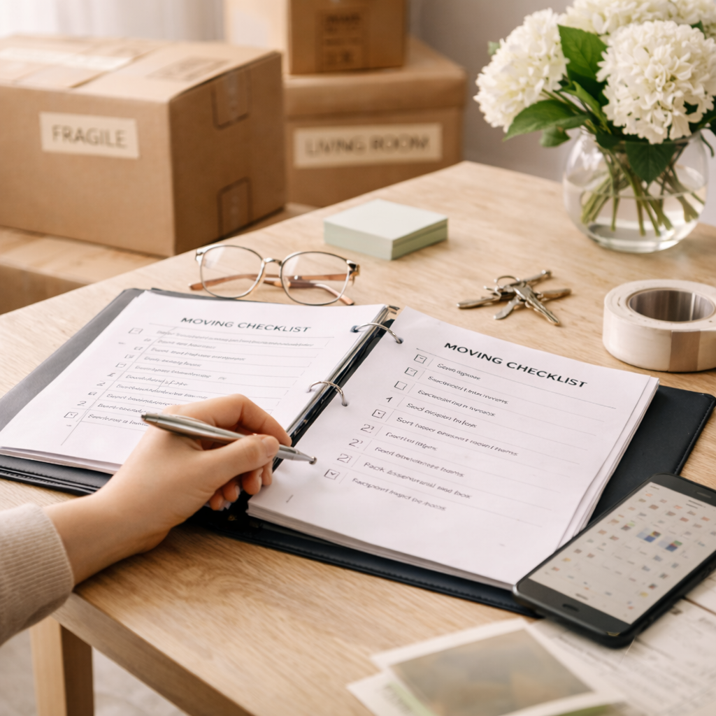 The image shows a person filling out a moving checklist on a clipboard, with glasses, sticky notes, keys, a roll of tape, and a smartphone on a wooden table. In the background, there are cardboard boxes labeled 'Fragile' and 'Living Room,' along with a vase of white flowers.