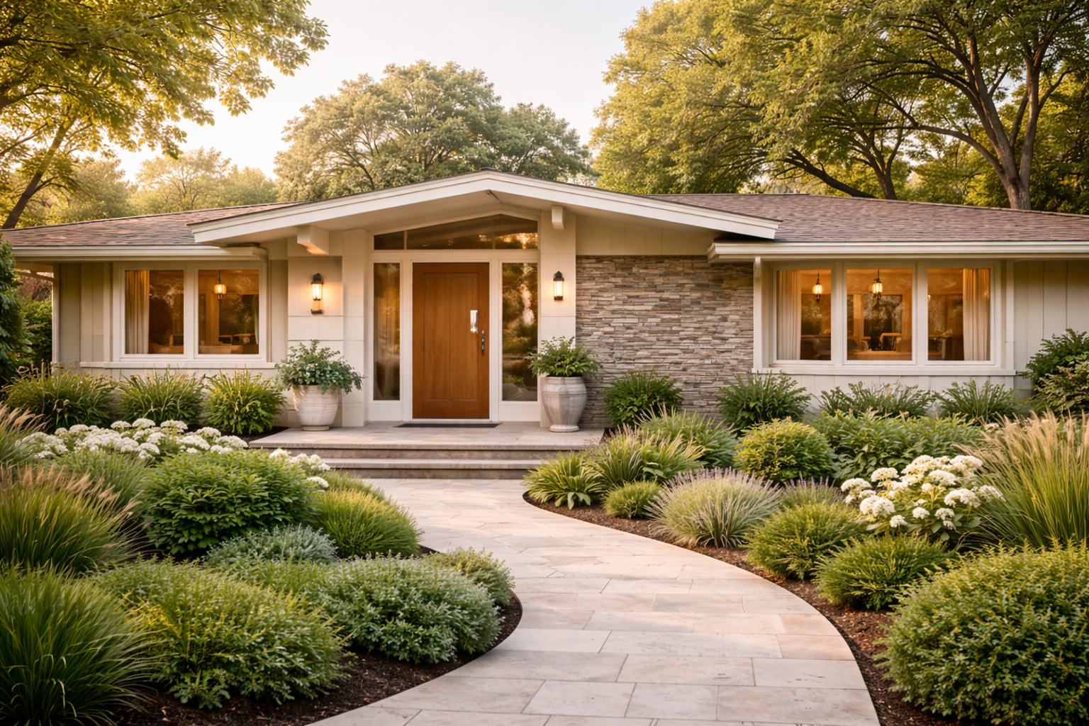 Front view of a modern house with a landscaped garden and a curved pathway leading to the front steps, featuring large windows, a wooden door, and exterior lighting.