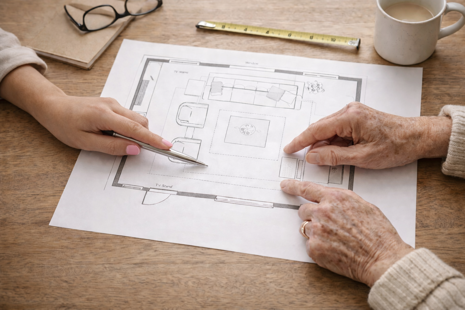 Person pointing at a house floor plan on paper while another person holds a pen and points at the plan. A cup of coffee, a calculator, glasses, and a notebook are on the wooden table.