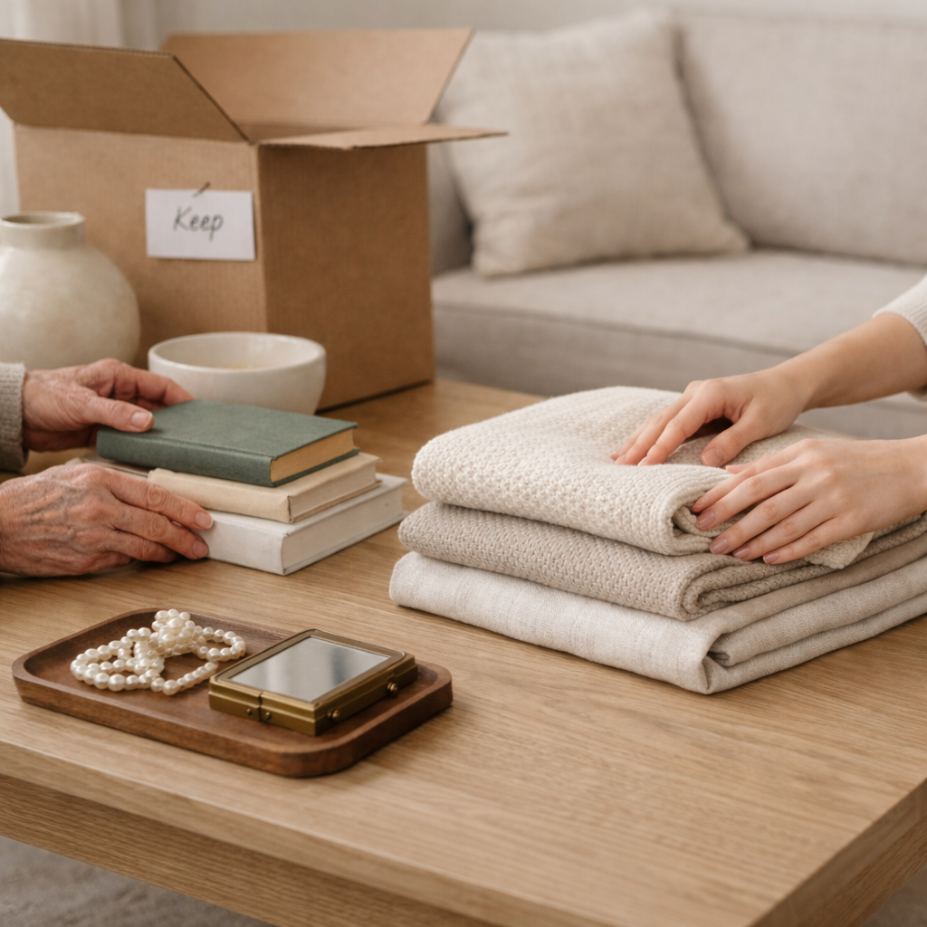 Person packing folded neutral-colored sweaters into a box on a wooden table.