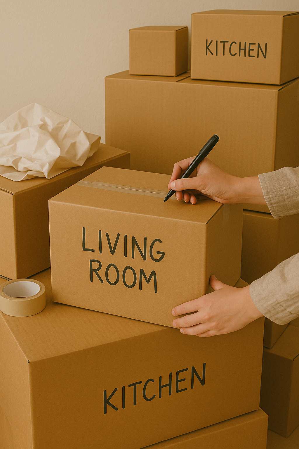 Person writing 'Living Room' on a moving box in a room with cardboard boxes labeled 'Kitchen'.