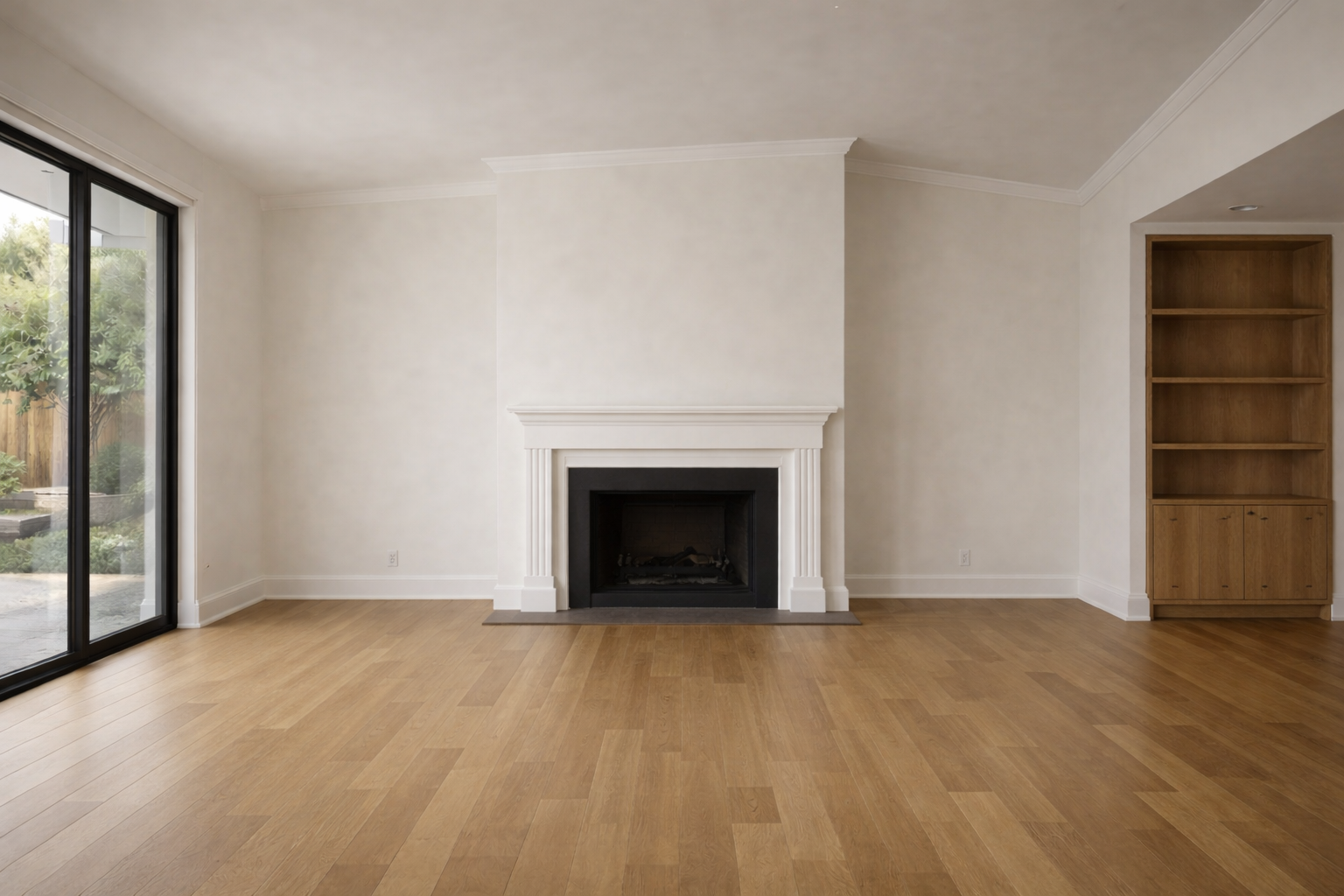 Empty living room with wooden floor, white walls, a fireplace, a built-in wooden bookshelf, and sliding glass doors leading outside.