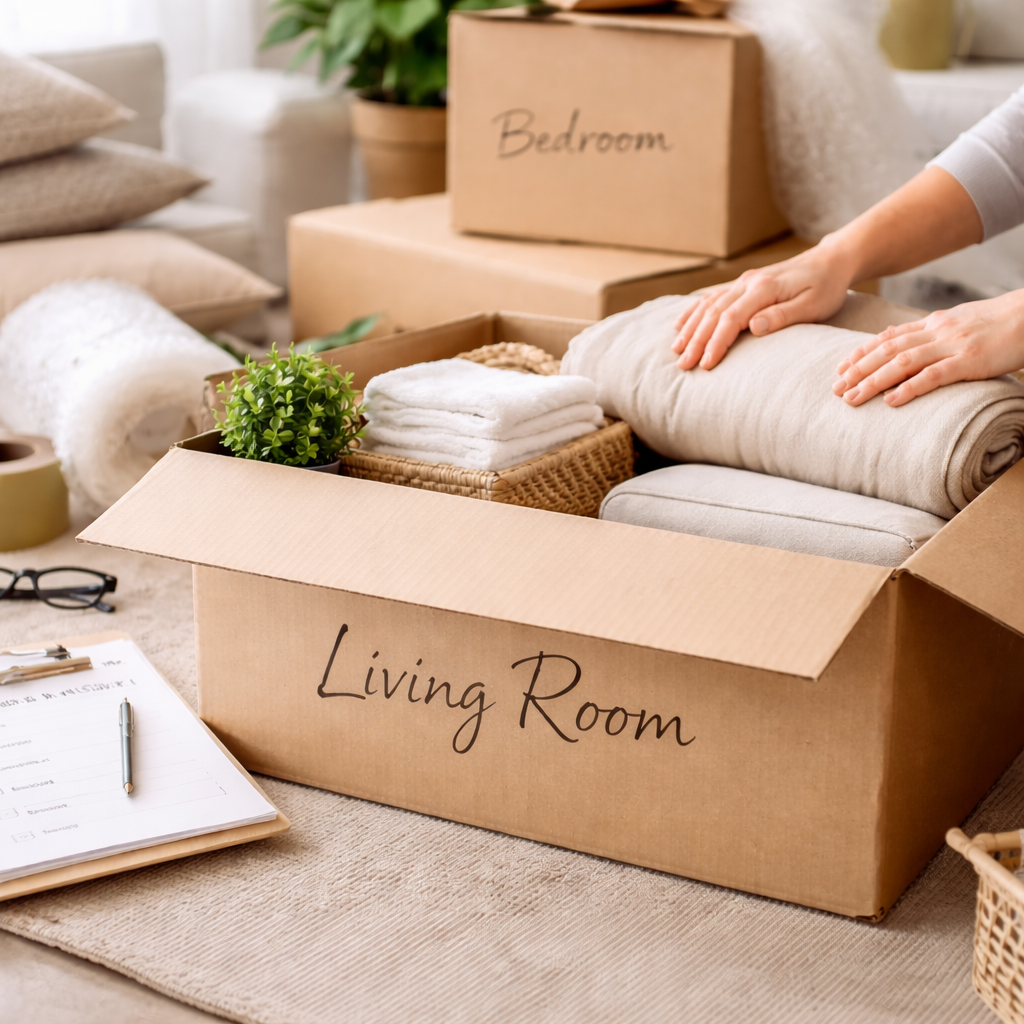 Moving boxes labeled 'Bedroom' and 'Living Room' being packed with household items, including folded towels, a small potted plant, and blankets, in a cozy living room.
