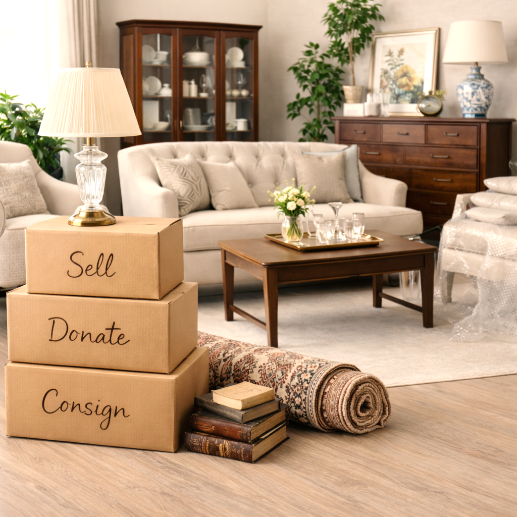 Living room with boxes labeled 'Sell', 'Donate', and 'Consign', a lamp, sofa, coffee table with a tray of glassware, and furniture including a china cabinet and a dresser, some decor, and a rolled-up carpet.