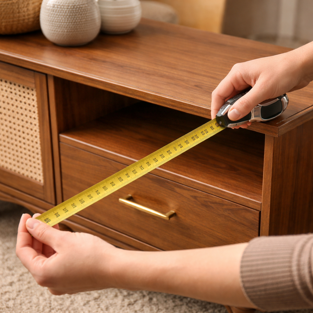 Person measuring the width of a wooden dresser with a tape measure.