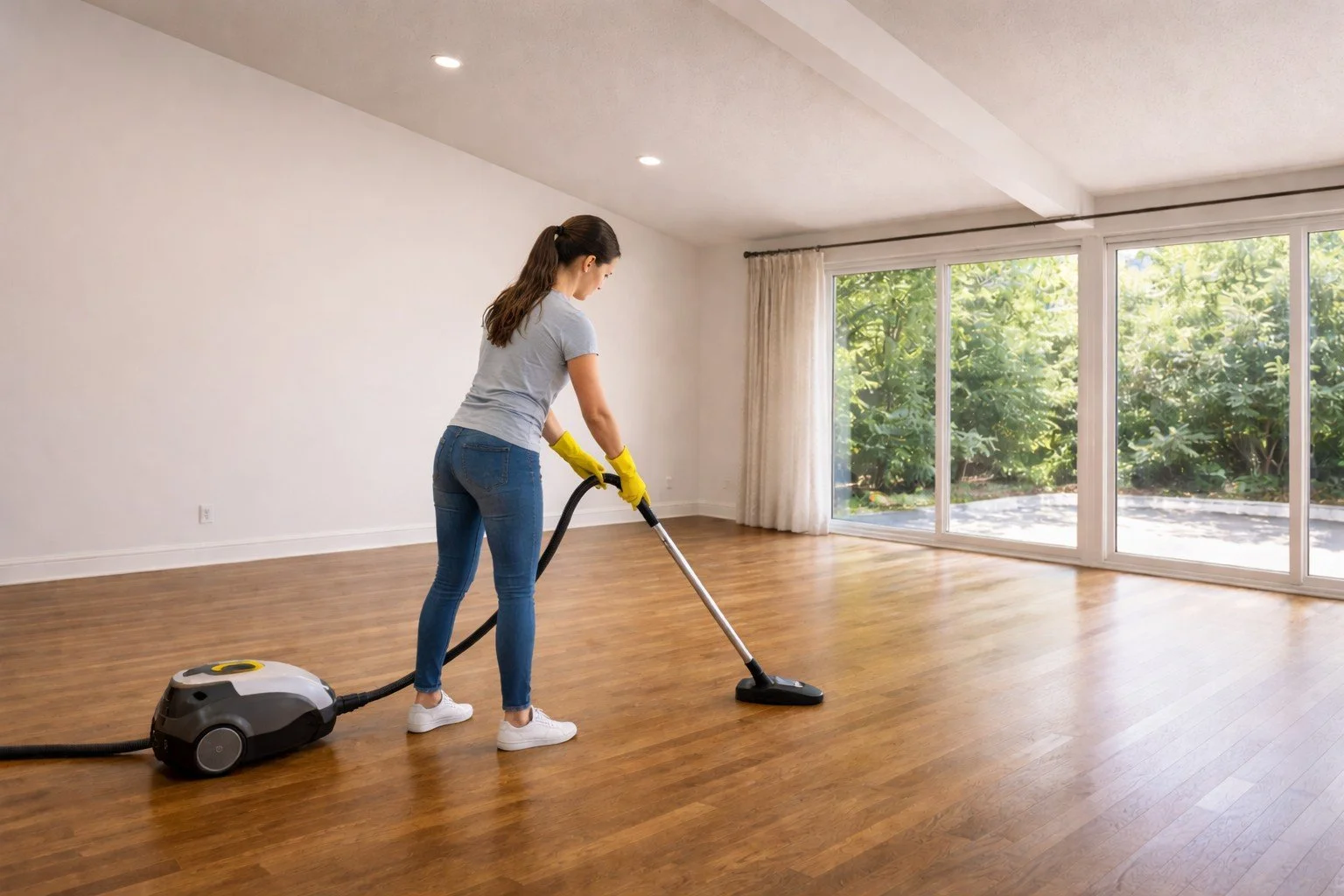A woman vacuuming a wooden floor in a bright room with large sliding glass doors and windows overlooking greenery.