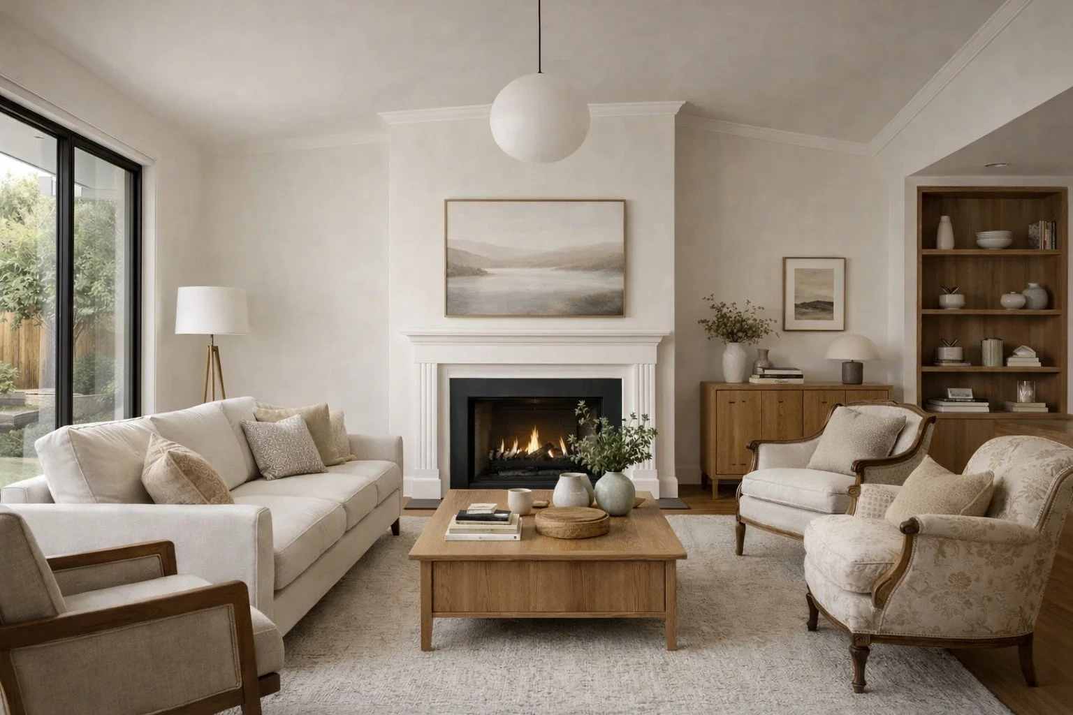 Living room with a white sofa, armchair, wooden coffee table, fireplace, bookshelf, sideboard, and large window with outdoor greenery.