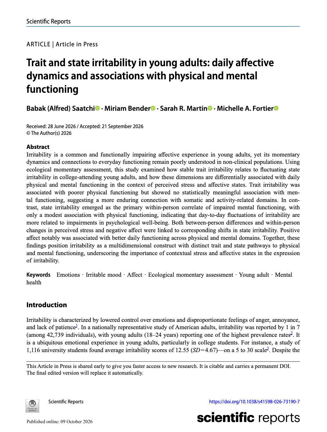 EMA Paper published at Scientific Reports (Nature Collection: Health and well-being among university students)