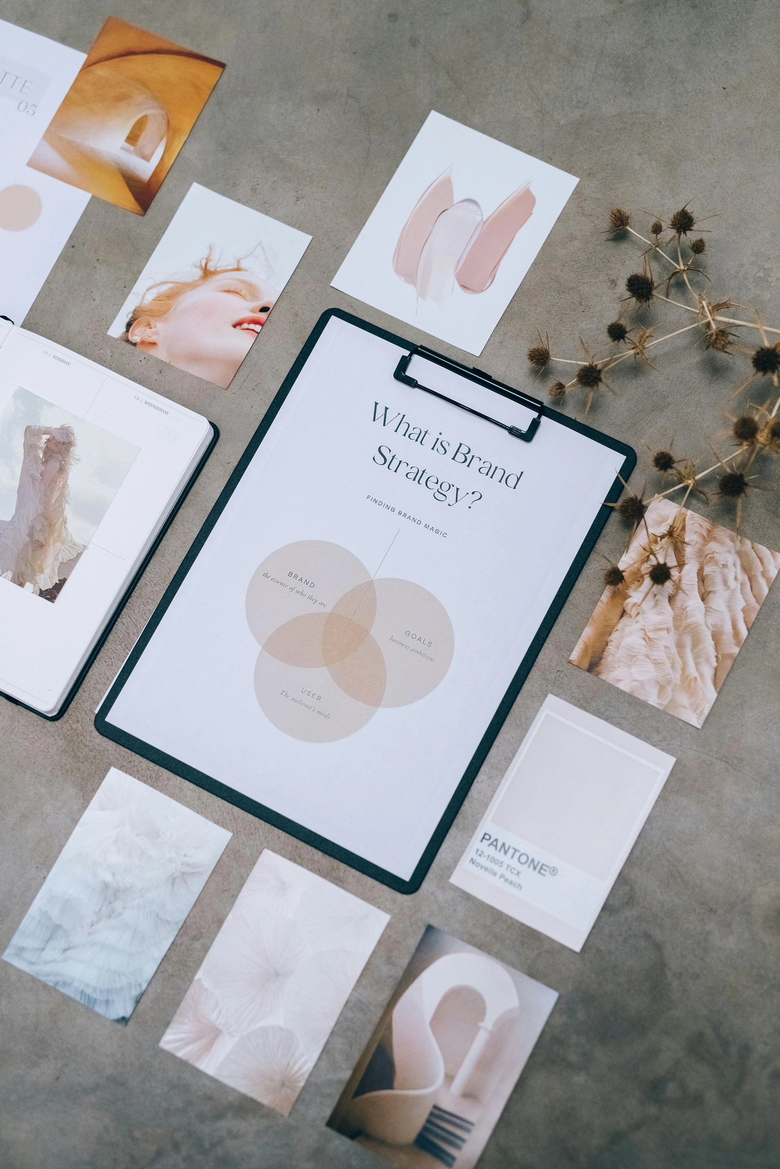 A flat lay of branding strategy materials, including a clipboard with a paper titled 'What is Brand Strategy?', color swatches, photographs, magazines, and dried plant stems on a gray surface.