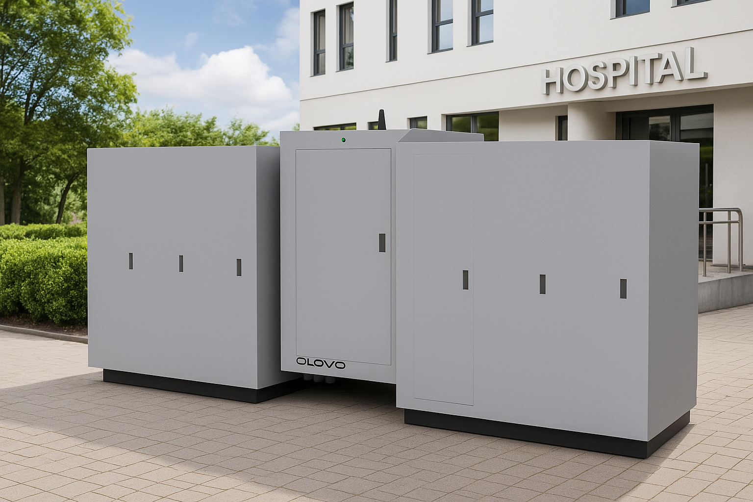 Metal outdoor electrical cabinet units outside a hospital building with a sign that says 'HOSPITAL'