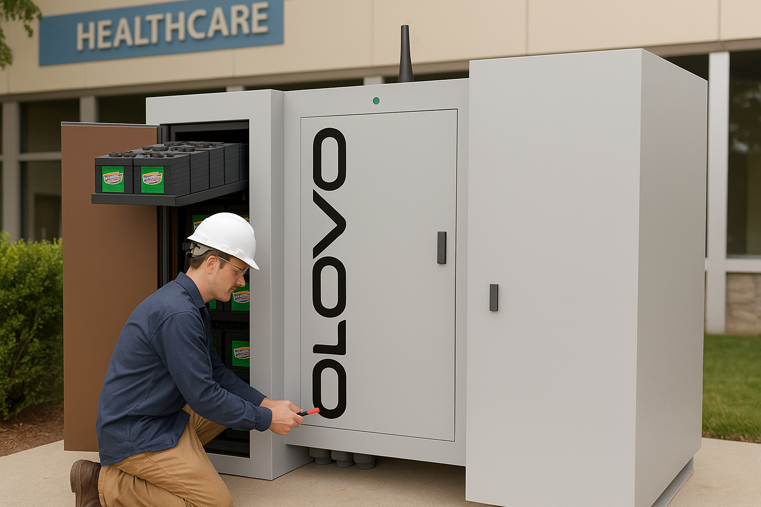 Technician in safety helmet services a 250kWh OLOVO modular BESS outside a healthcare facility, featuring 96 easily accessible batteries with pull-out shelving for streamlined maintenance and rapid deployment.