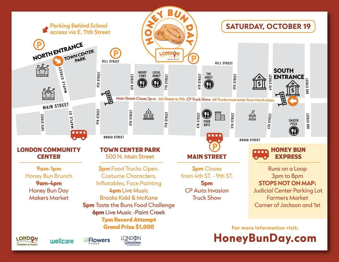 Honey Bun Day  in downtown London is packed with fun on Saturday, featuring tasty treats, inflatables for the kids, live music, costumed characters, CP Auto Invasion Truck Show on Main Street and more! The highlight is the Record attempt for the most