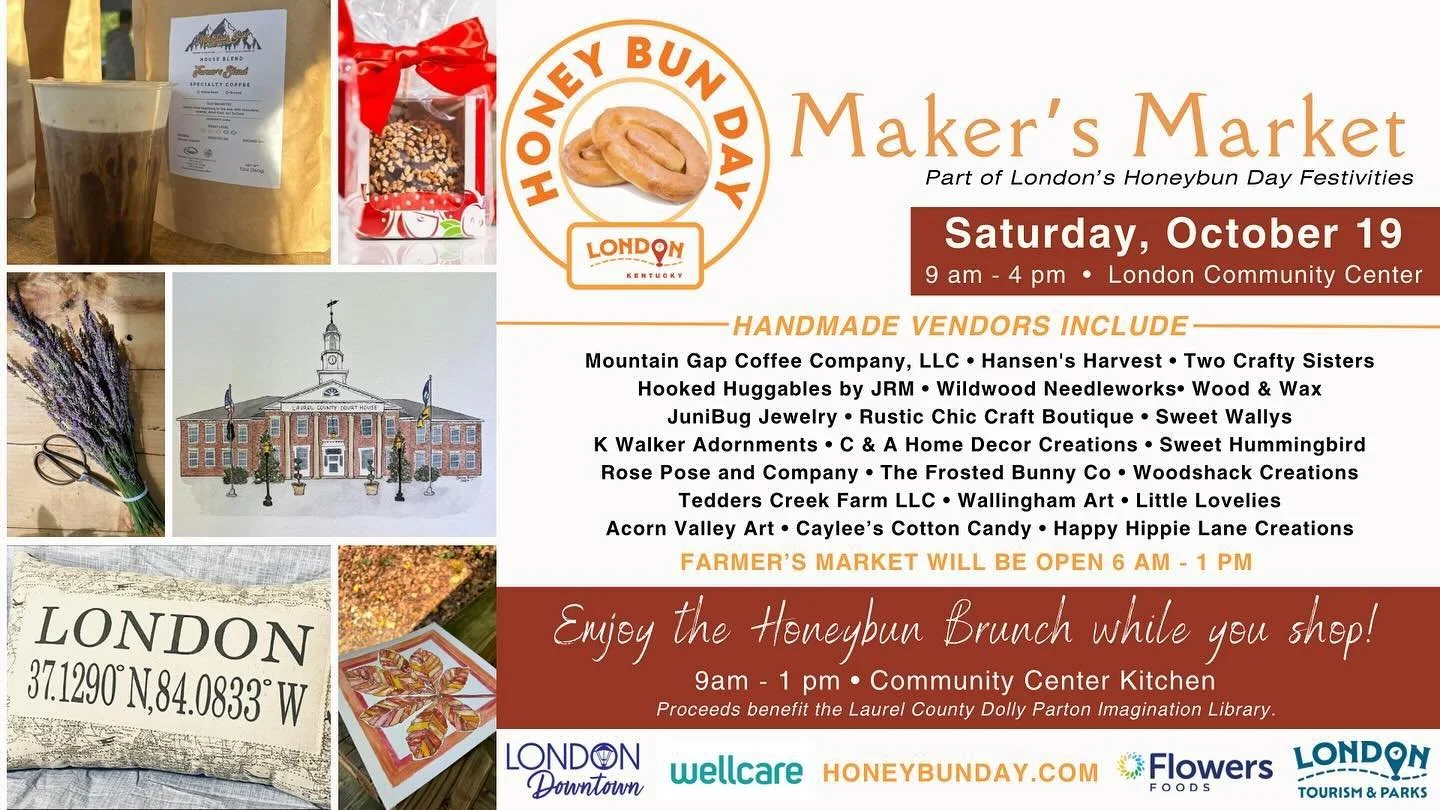 Win $1,000 at London’s sweetest day of the year while helping to set a new record! 
Honey Bun Day on Saturday, October 19! Visit the dozens of vendors at the Makers Market and Honey Bun Brunch at the London Community Center & Farmers Marke