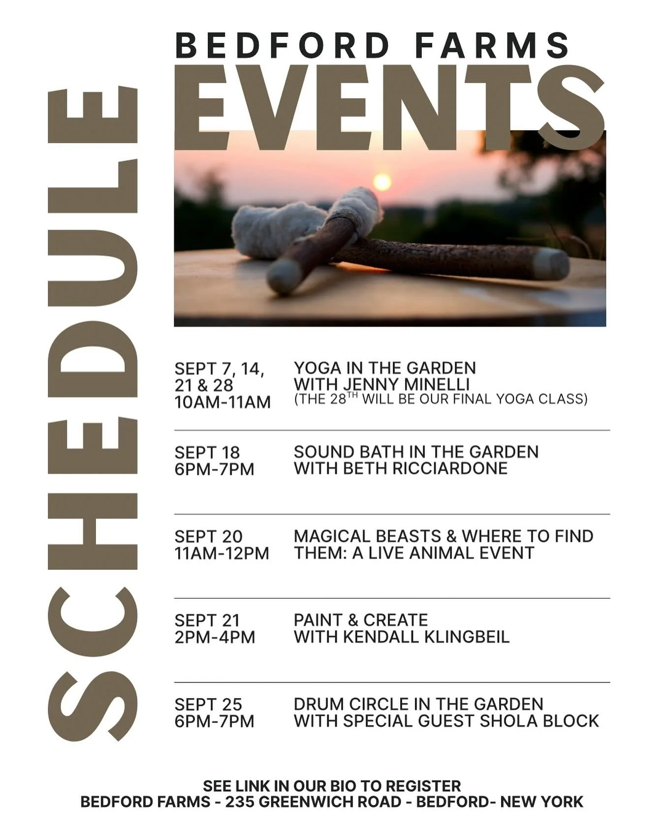 ✨ September at Bedford Farms ✨

Our gardens are alive with experiences this month &mdash; from grounding yoga flows to magical creatures, creative workshops, and immersive sound + rhythm journeys. 🍂🌿

Here&rsquo;s what&rsquo;s happening:
🧘 Yoga in