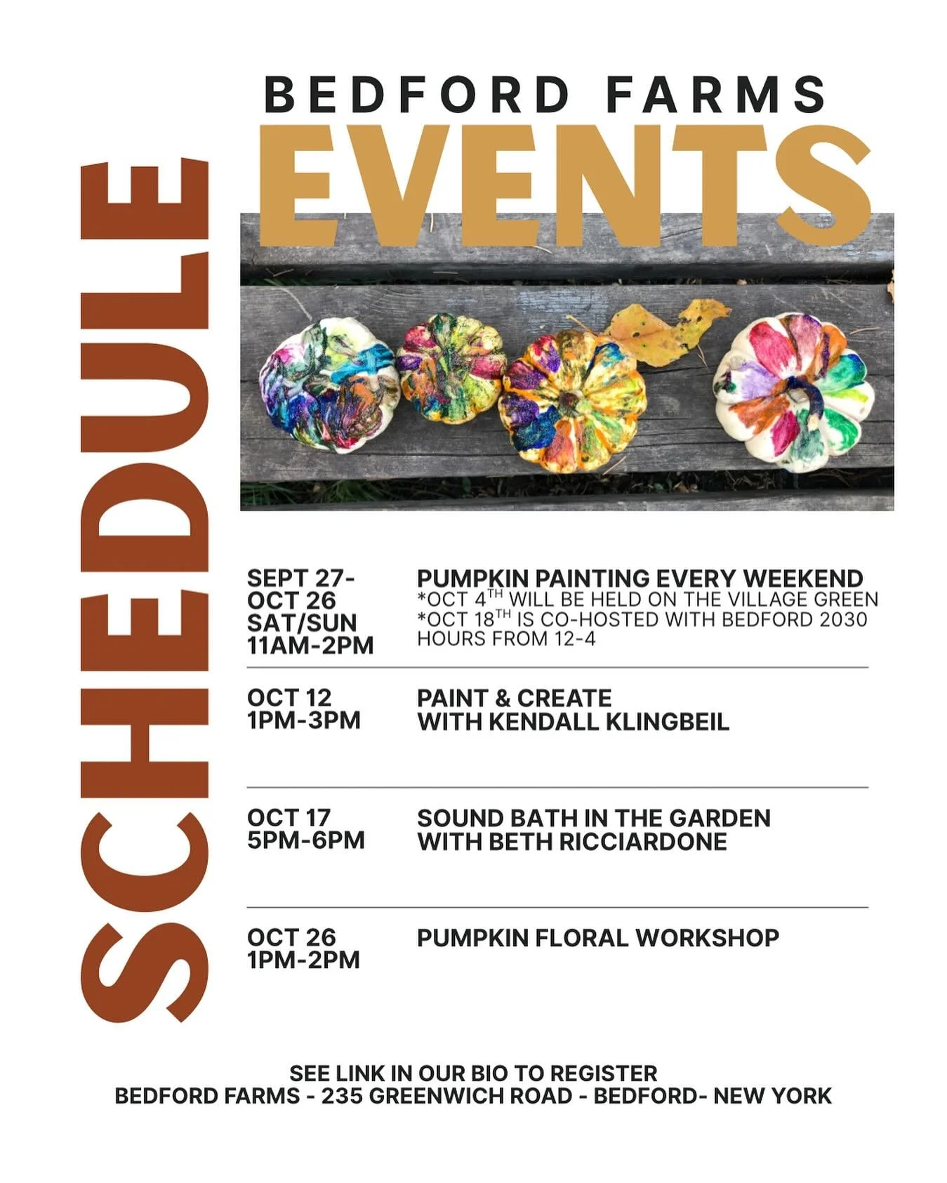 🍂✨ October at Bedford Farms is packed with creativity, community, and cozy fall vibes! Mark your calendars for these special events:

🎨 Pumpkin Painting (no registration required - just show up!)
Every Sat &amp; Sun from Sept 27&ndash;Oct 26 | 11am