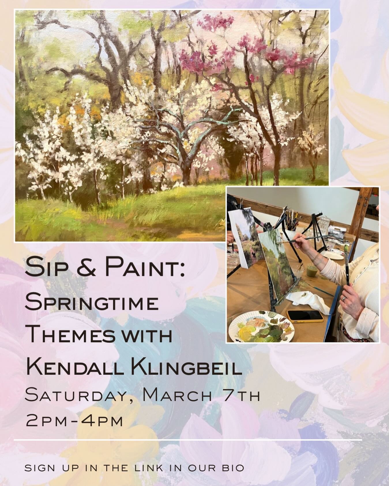 Enjoy refreshments and choose from spring-inspired images as you relax and create your own painting. Whether you&rsquo;re a beginner or an experienced artist, Kendall will be there to guide you every step of the way. Sip, paint, and make something be