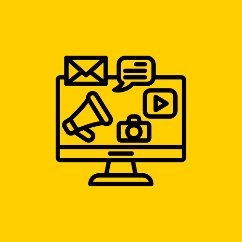 Icons of email, chat, video, camera, and megaphone on a computer monitor, symbolizing digital marketing.