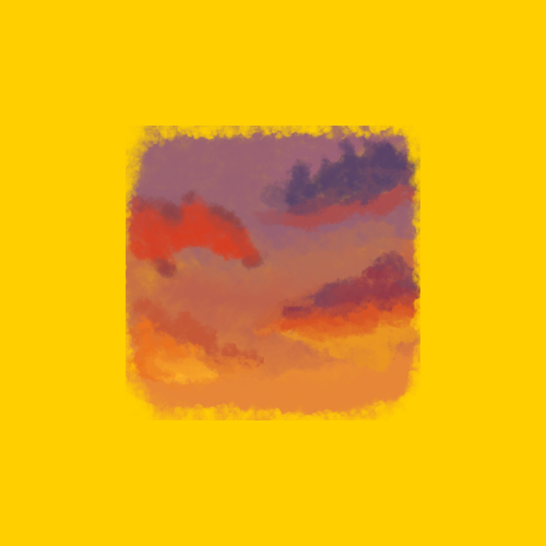 Abstract watercolor painting of a colorful sky with clouds during sunset or sunrise, framed by a yellow border.