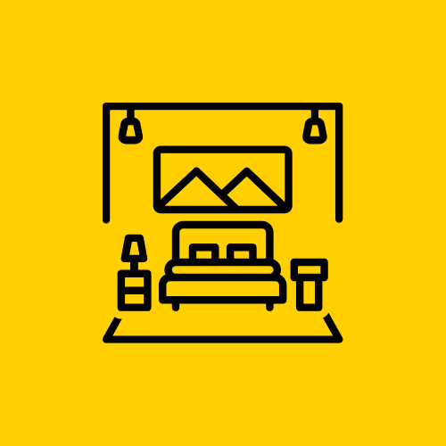 Line drawing of a bedroom with a bed, two nightstands, a framed picture above the bed, and hanging light fixtures, on a yellow background.