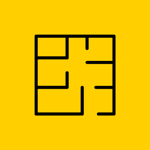A black outline of a maze on a yellow background.