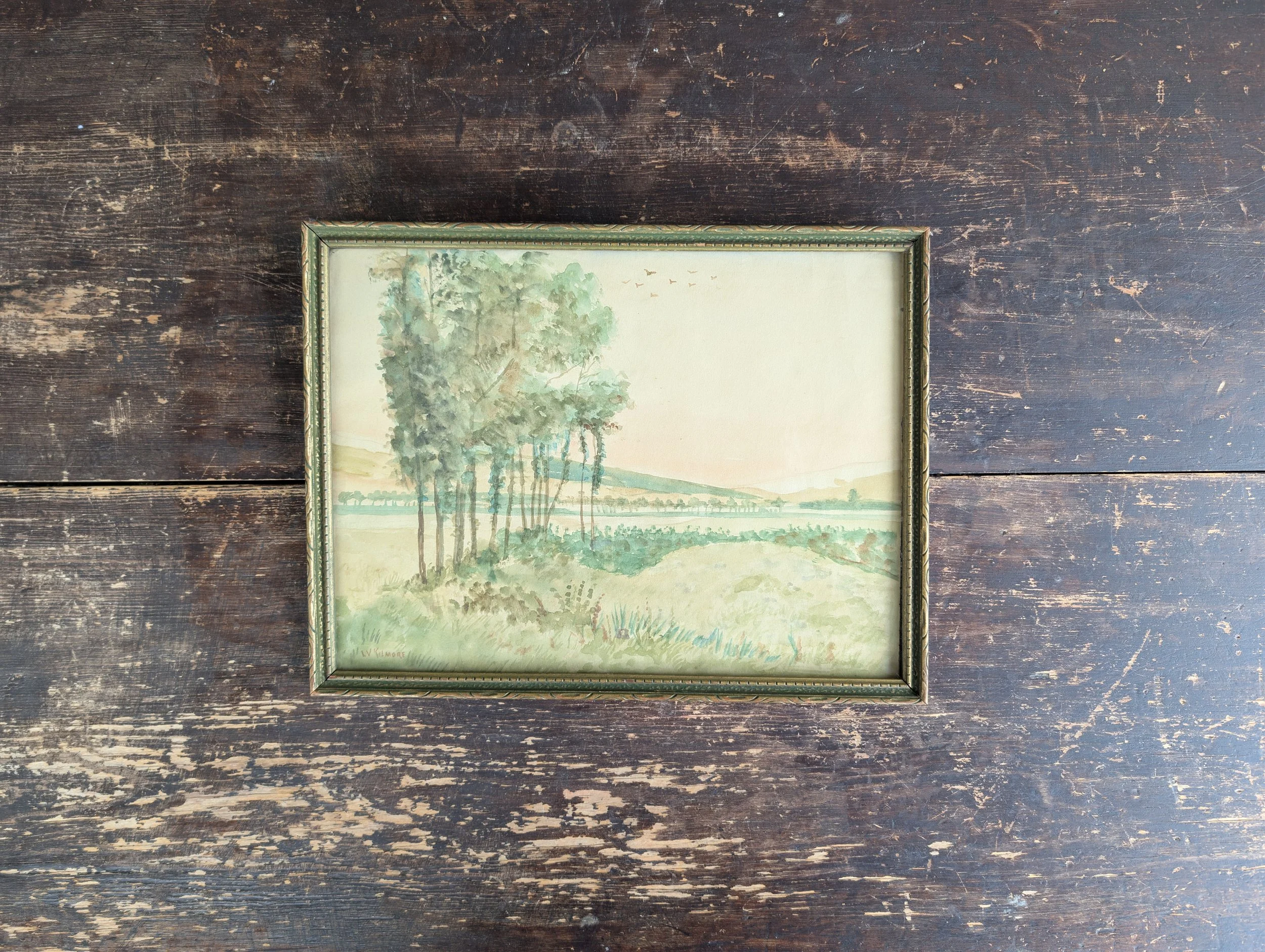 Vintage (1950's) Original Watercolor Landscape Painting Signed LV Kilmore in Ornate Green and Gold Tone Wood Frame