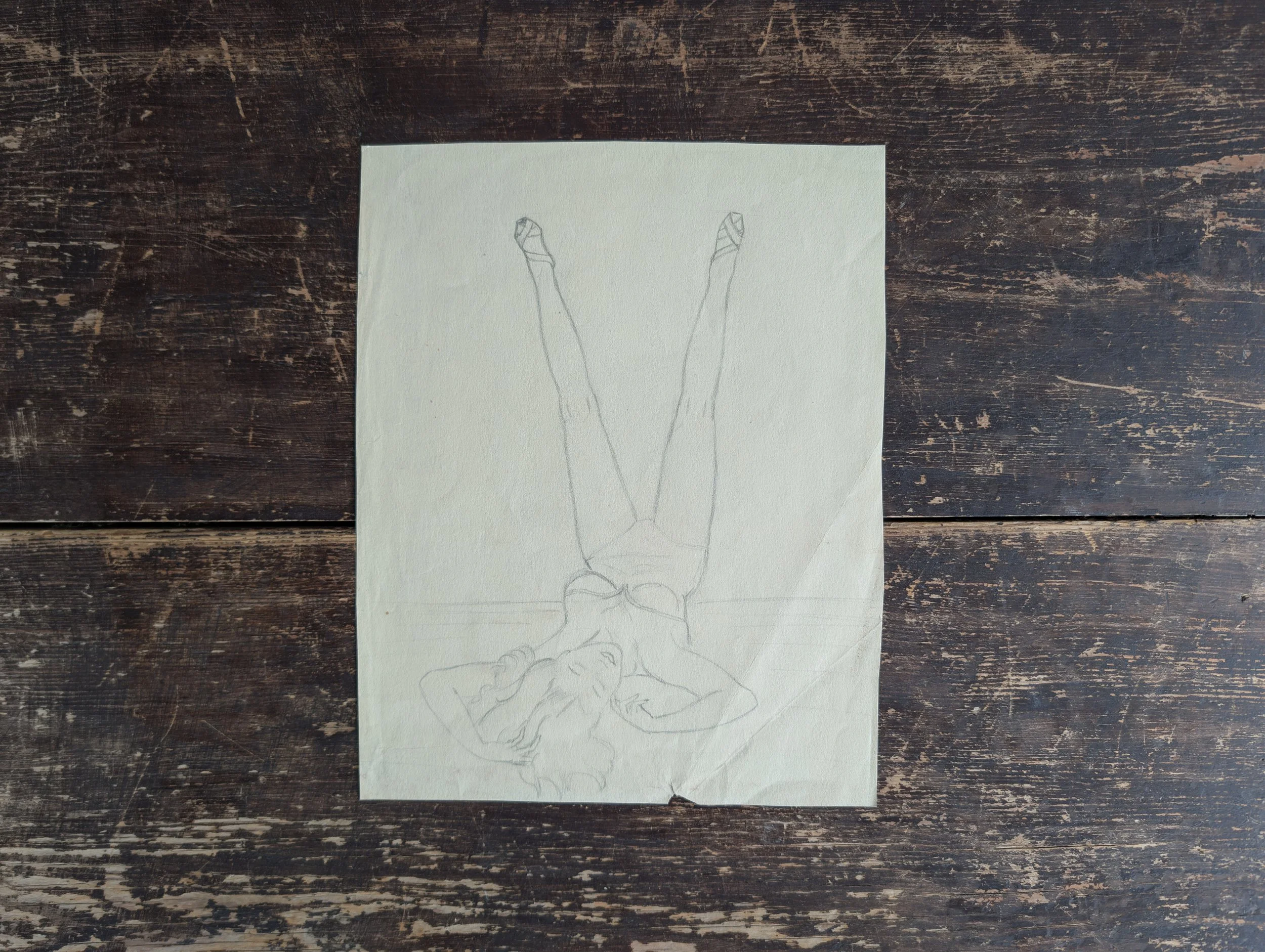 Vintage (1950s) Original Art : Upside Down Pin-Up - Pencil On Paper by Anonymous Artist.