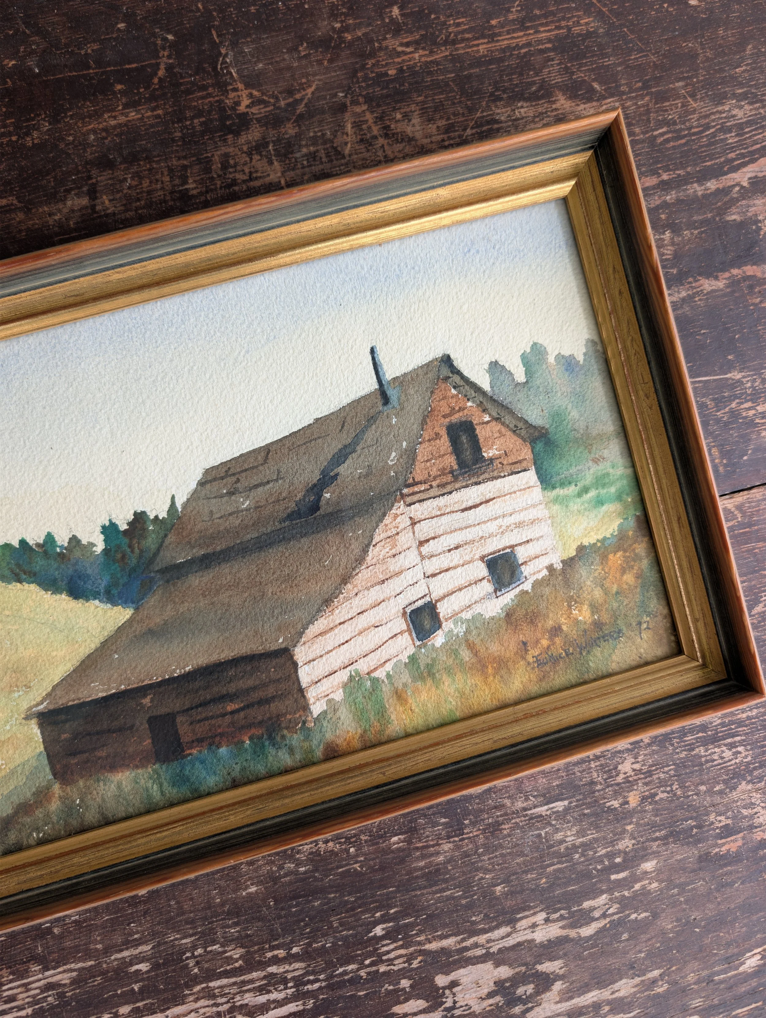 Vintage (1972) Signed + Dated Original Art : Rural Landscape Watercolor Painting - Eunice Winters.