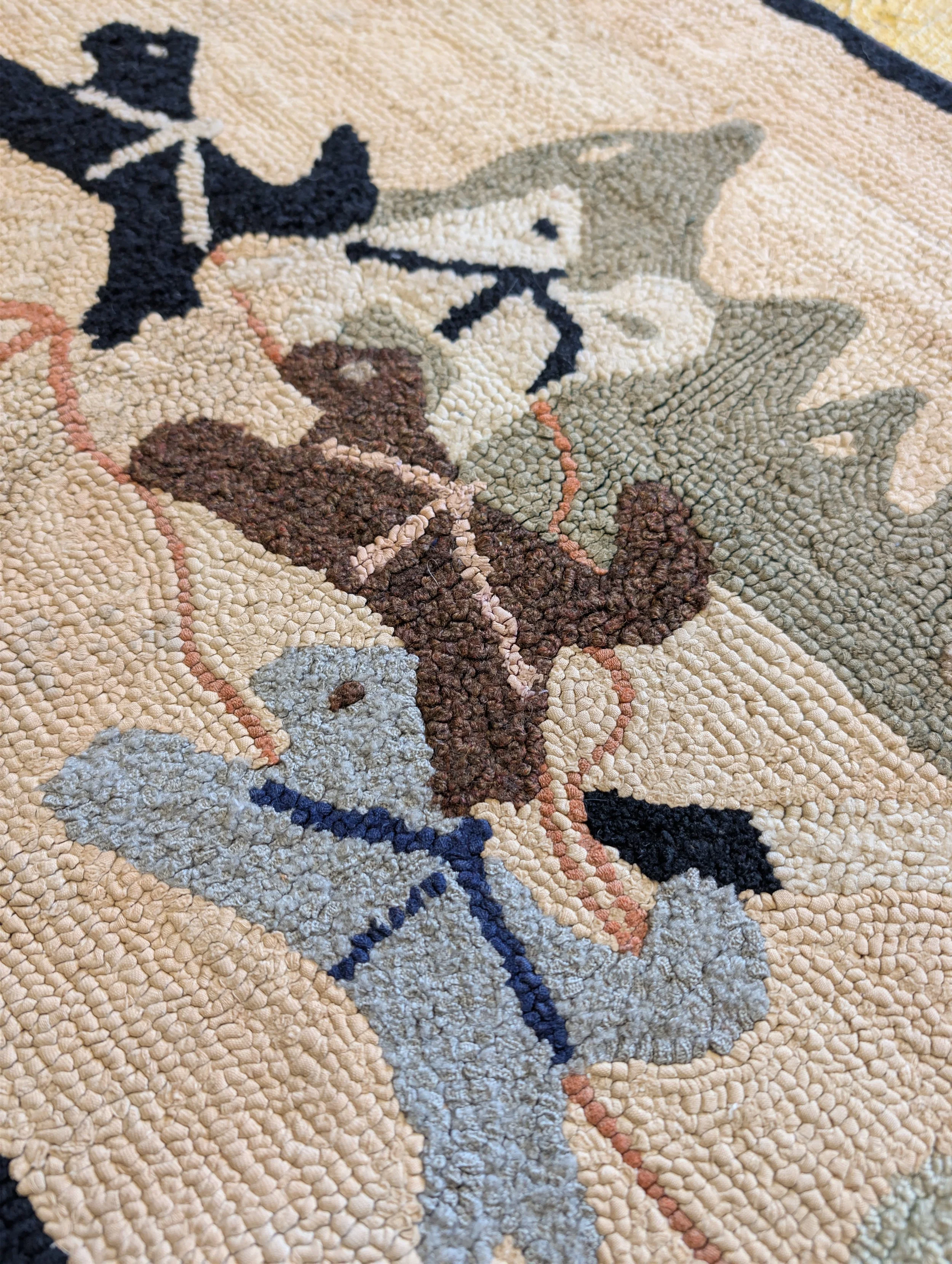 Vintage (1930s) Hand Hooked Traditional Dog Sled Scene Rug.