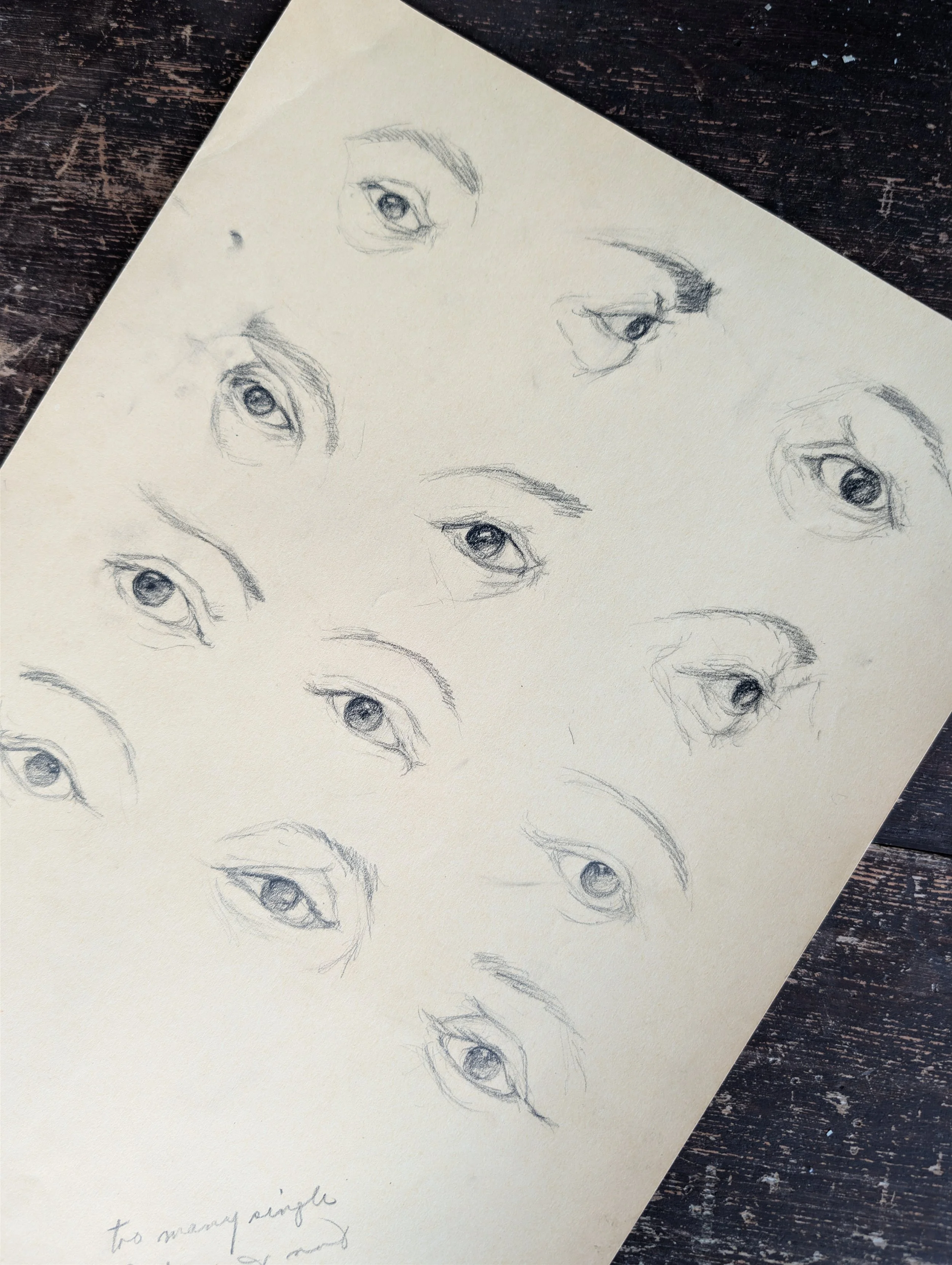 Vintage (1930s) Original Art : Academic Sketch Human Eyes - Graphite Pencil On Paper by Anonymous Artist.