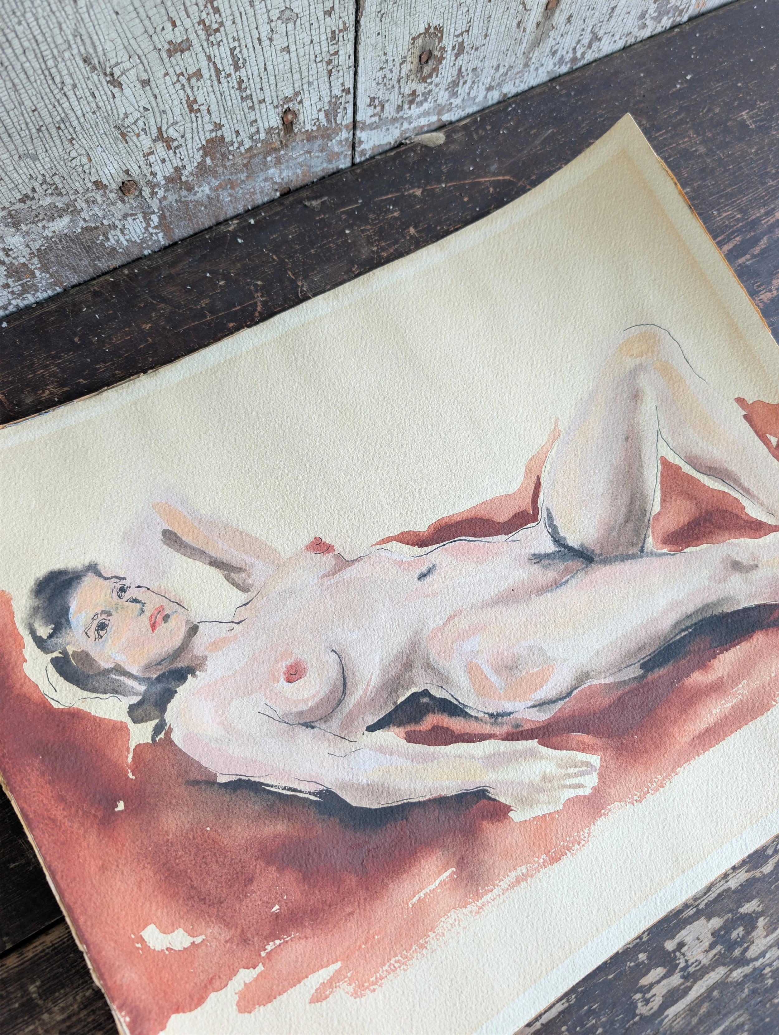 Vintage (1970s) Signed Original Art : Figurative Mid-Century Modern Watercolor Painting on Paper by M Bergman.