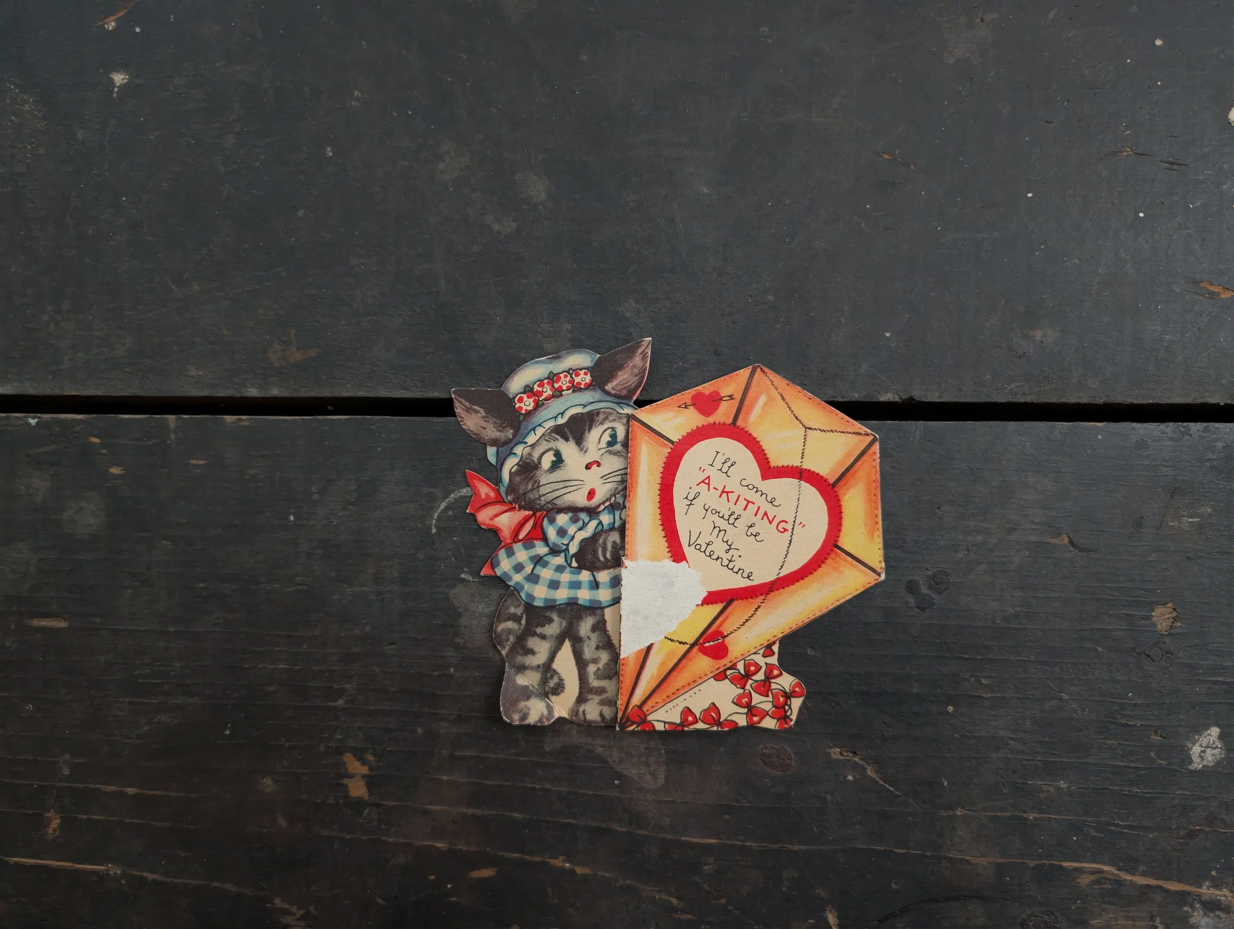 Vintage (1930s) Mechanical Valentine Card - Whimsical Kite + Gray Kitten.