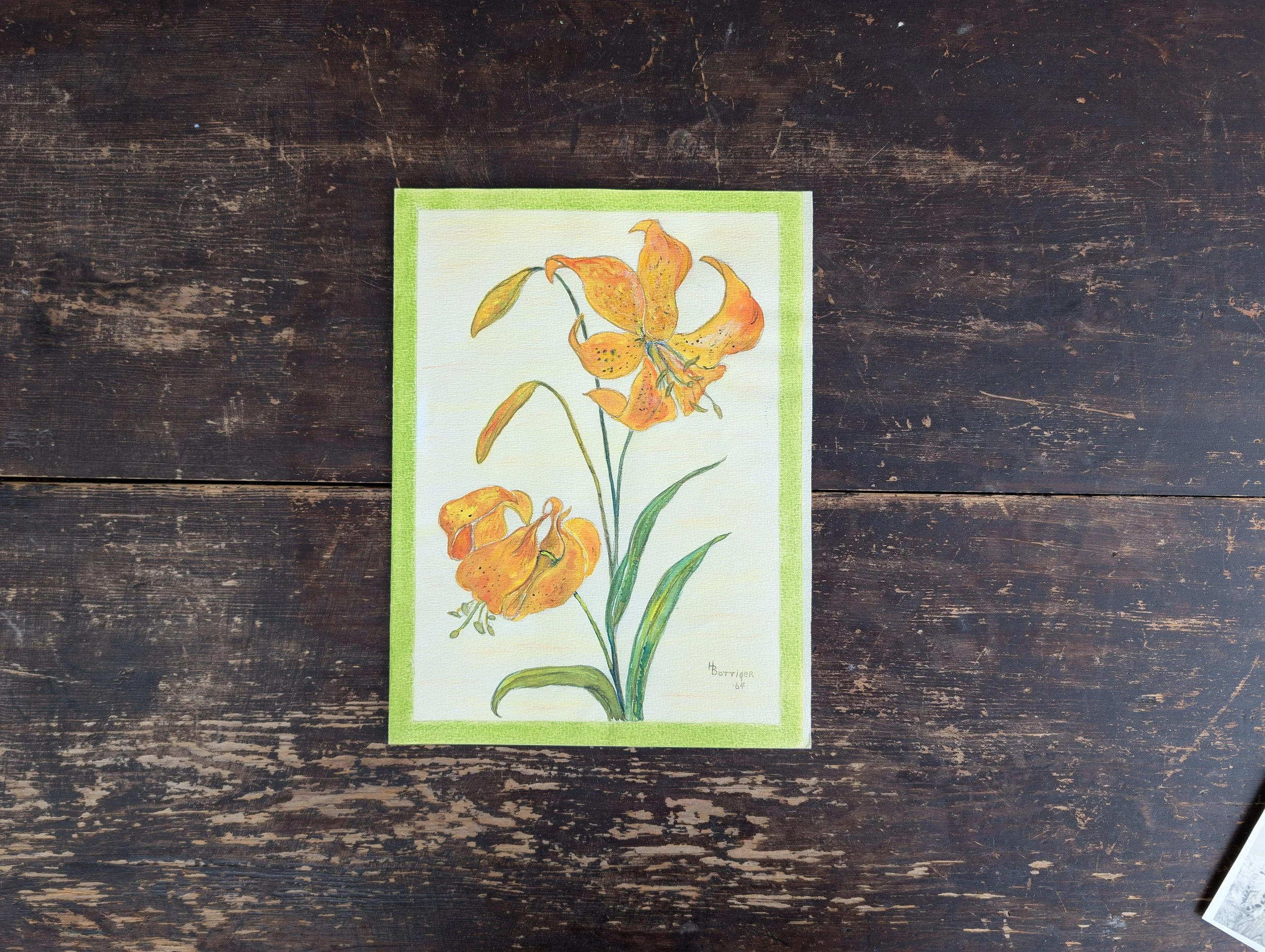 Vintage (1964) Original Art Signed Watercolor Tiger Lily Painting on Paper - Card With Friendship Poem Inside. Includes Photograph Of Artist + Friend.