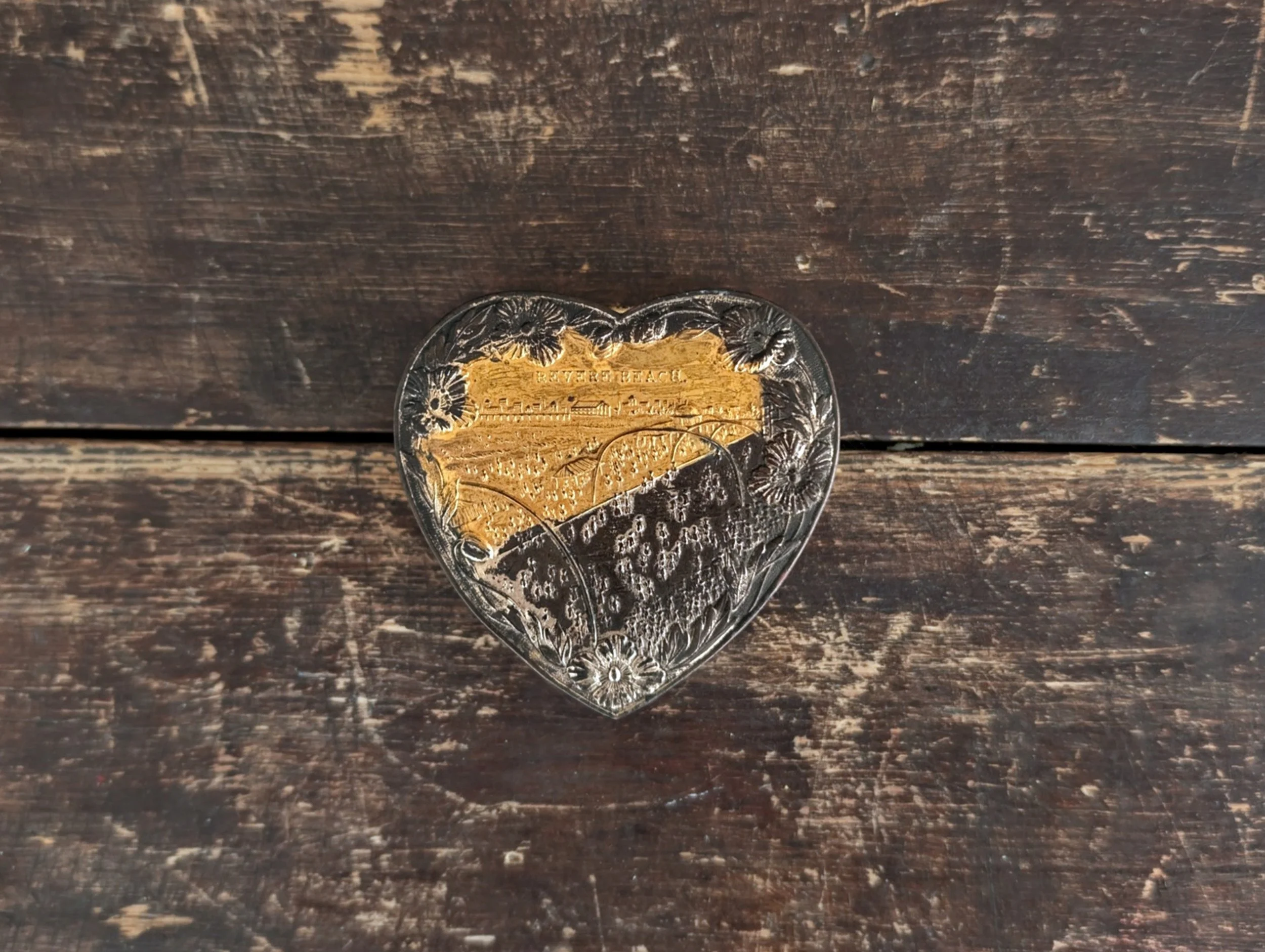 Vintage (1950's) Embossed Heart Shaped Metal Souvenir Trinket Box From Revere Beach, Massachusetts.