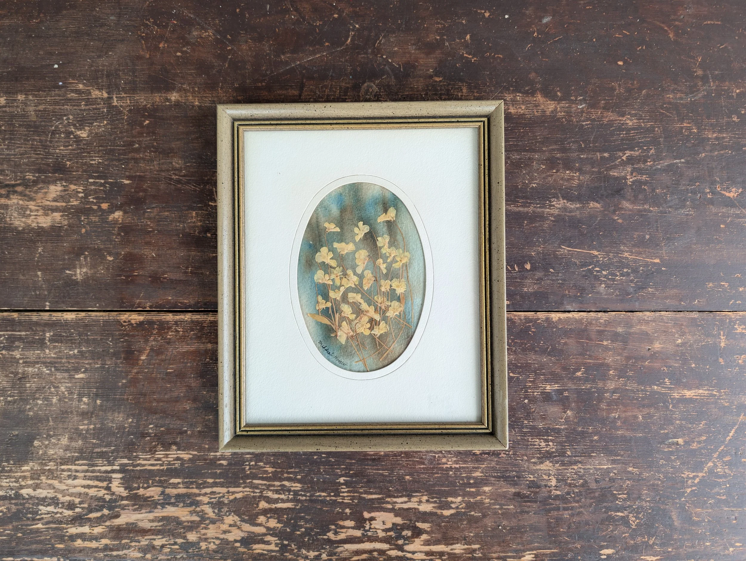 Vintage (1990's) Signed Pressed Flower Art With Watercolor Background.