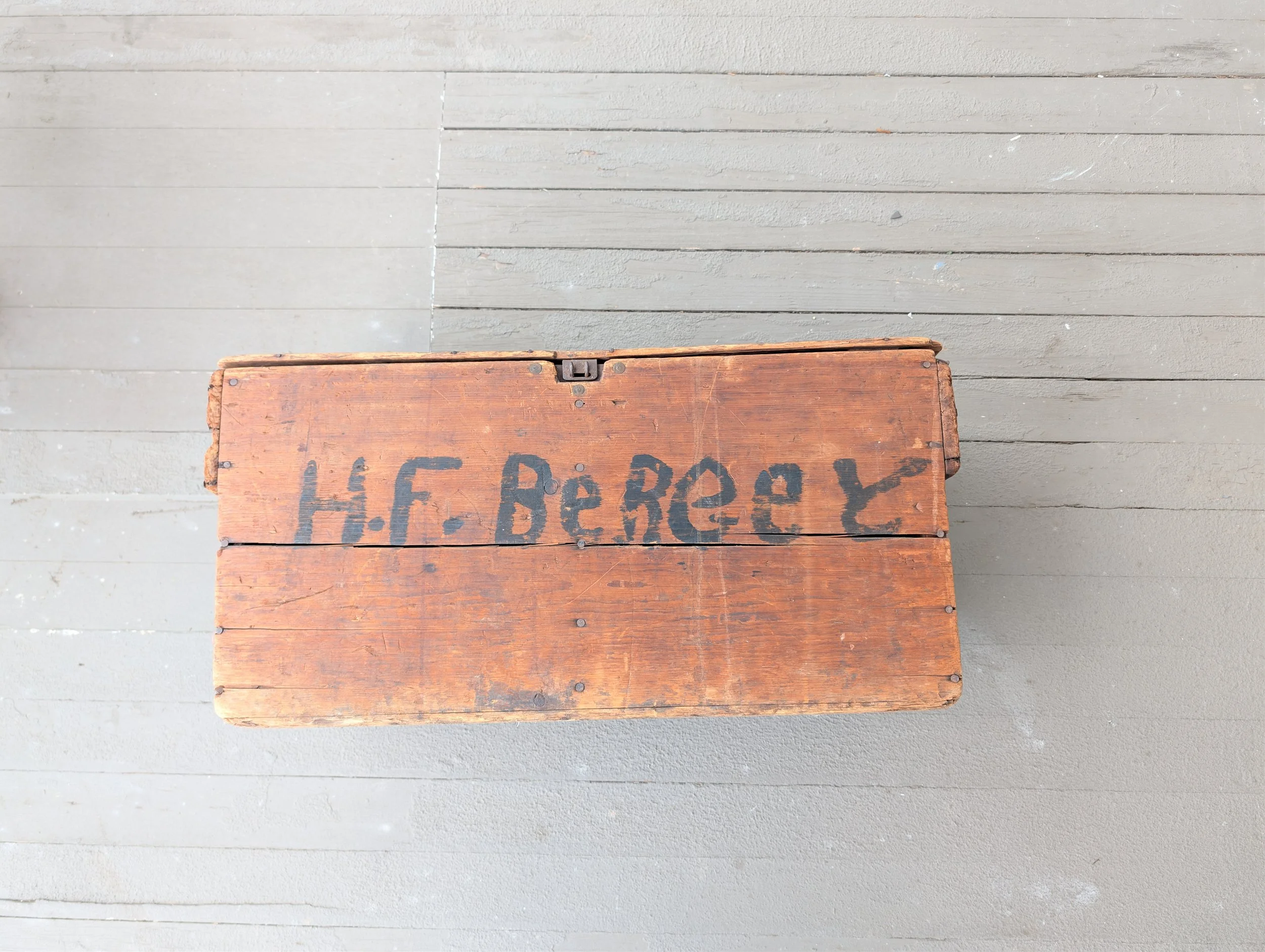 Antique (1850's) Wooden Utility // Tool Box From H.H. Reiner Boyertown, Pa : Hand-Painted "H.F. Bereey" on Front.