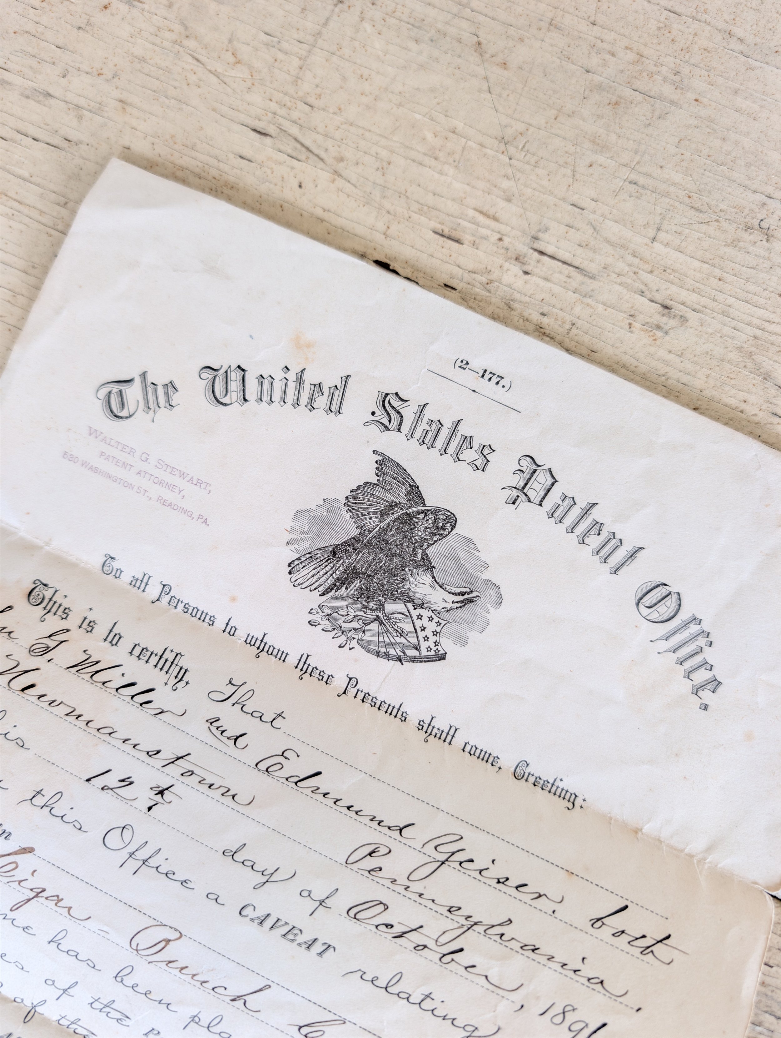 Antique (1891) United States Patent Office Caveat Certificate : Cigar - Bunch Cutters.