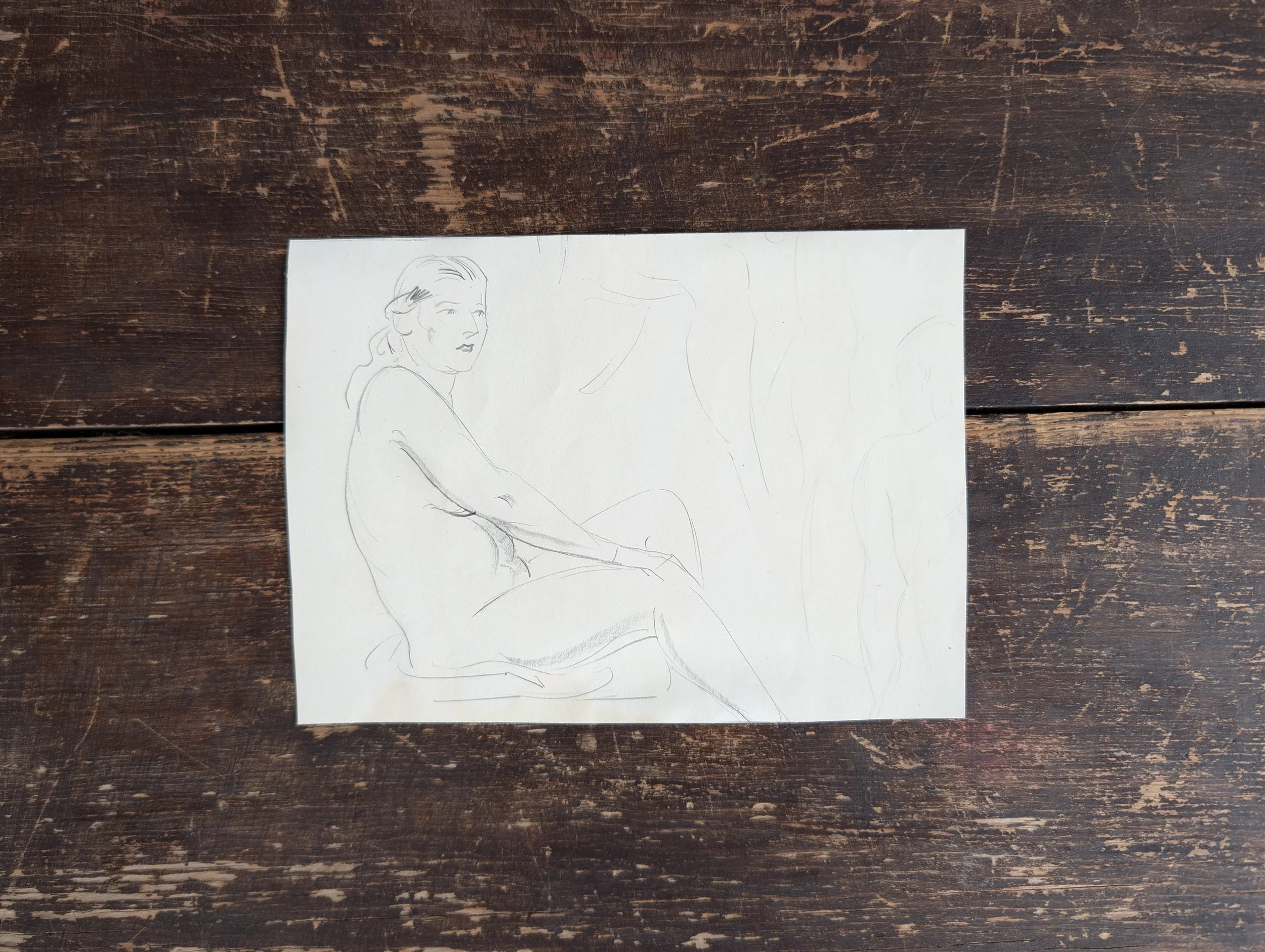 Vintage (1930s) Original Art : Nude Seated Female Figure : Pencil On Paper by Anonymous Artist.
