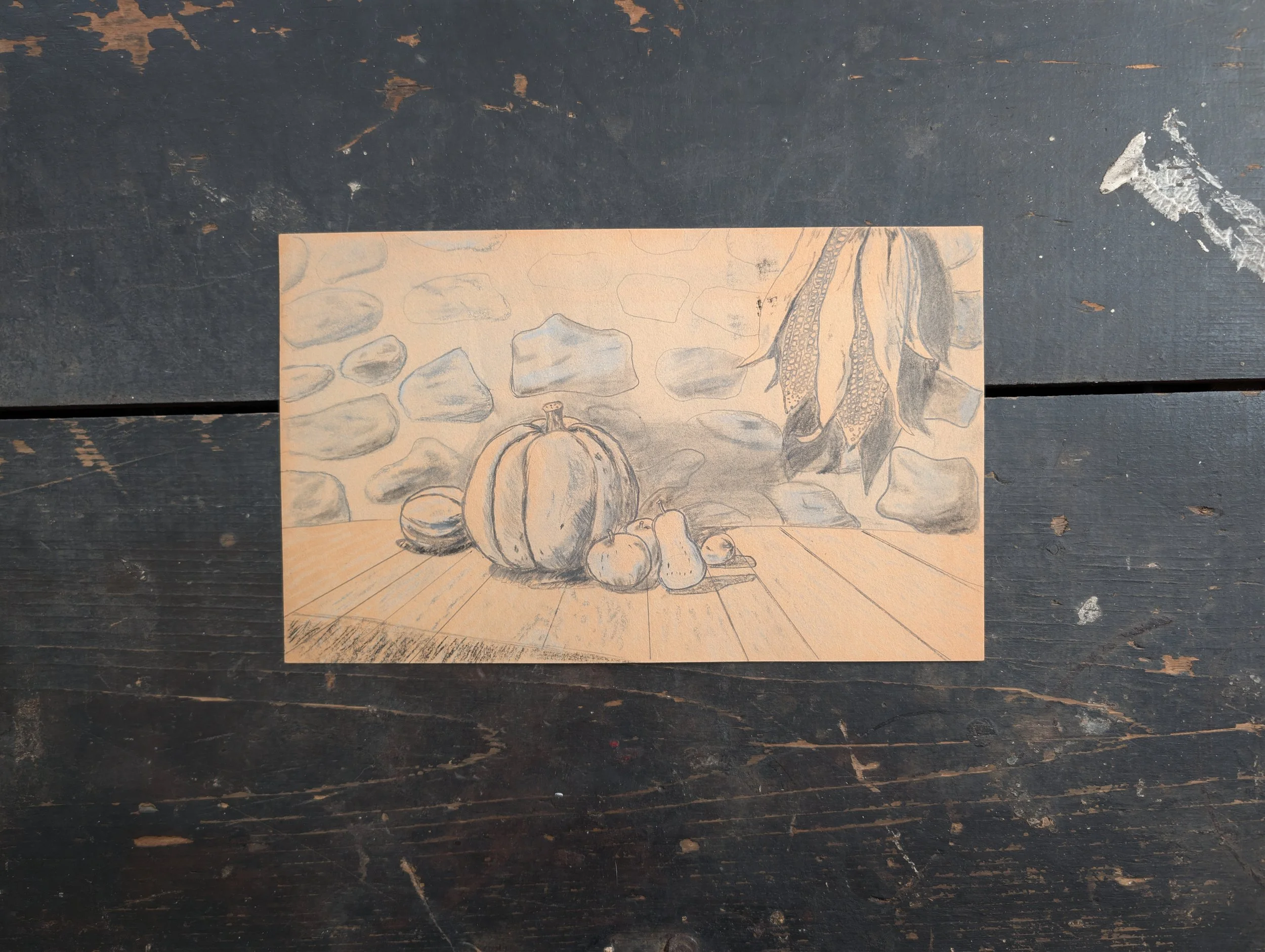 Vintage (1950s) Original Still Life Fall Harvest Drawing by Unknown Artist Pencil on Paper.