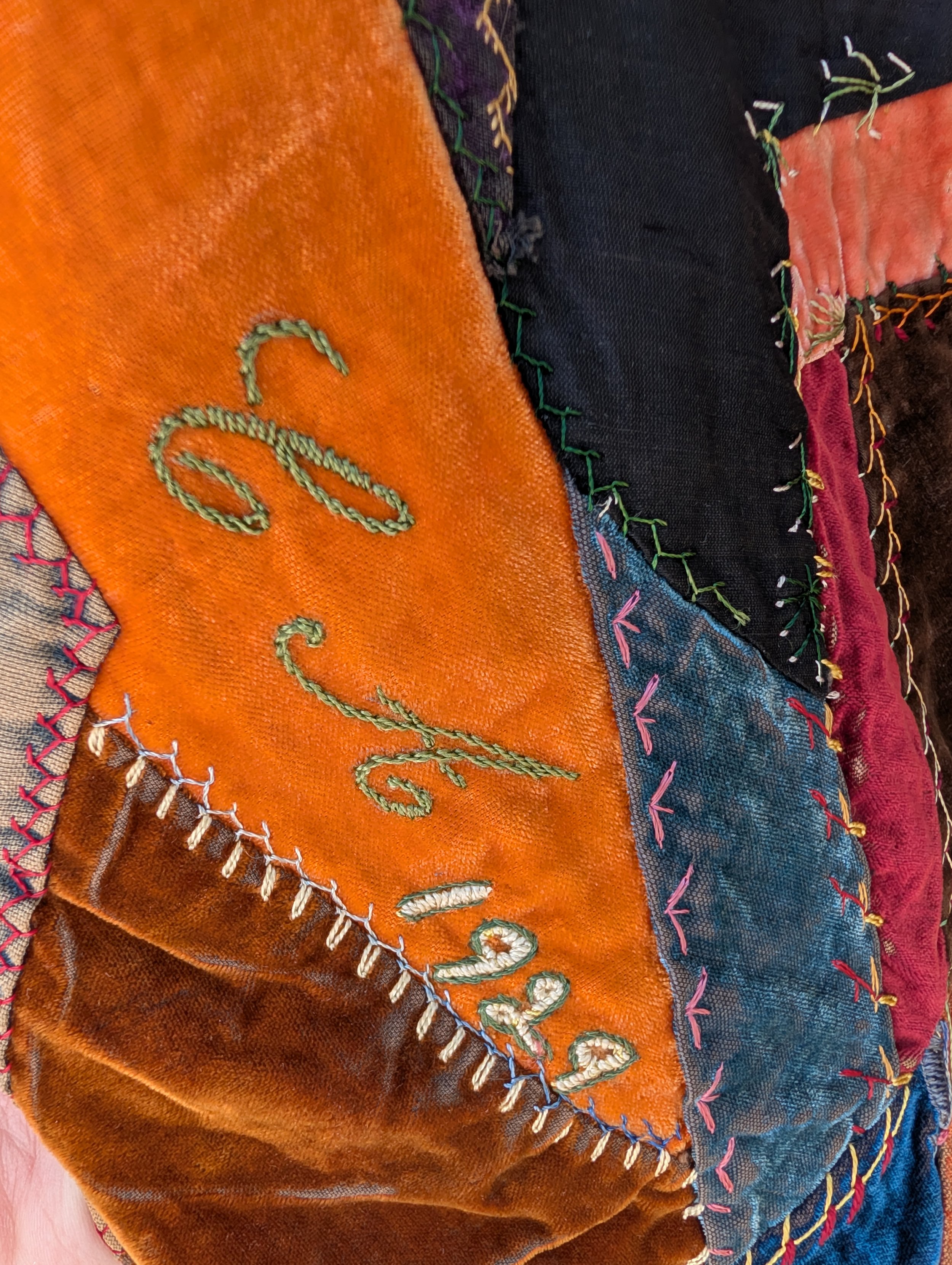 Vintage (1929) Signed Hand Embroidered Crazy Quilt - CA