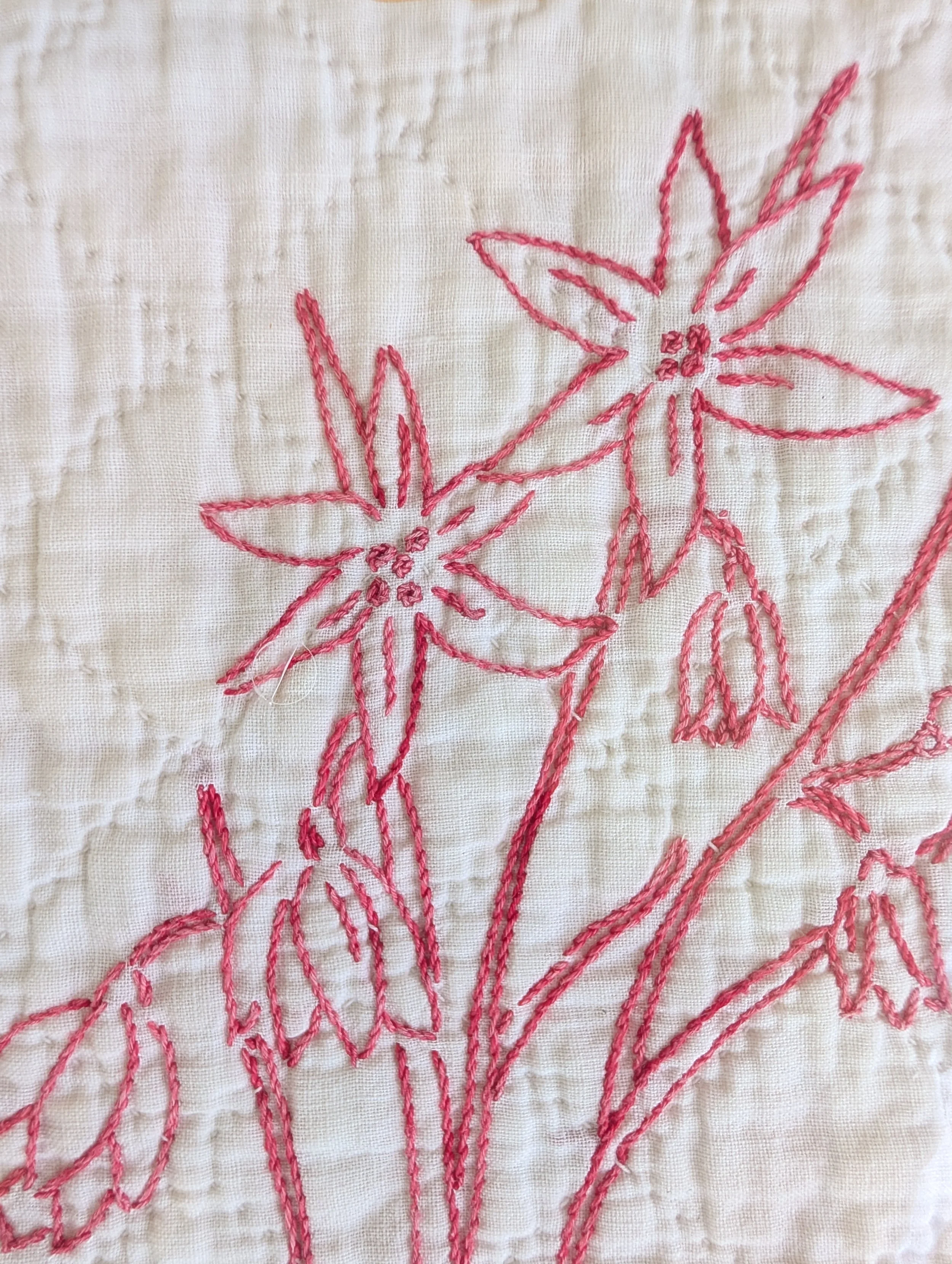 Antique (1920s) Redwork Hand-Embroidered Floral Block on Quilted Fabric.