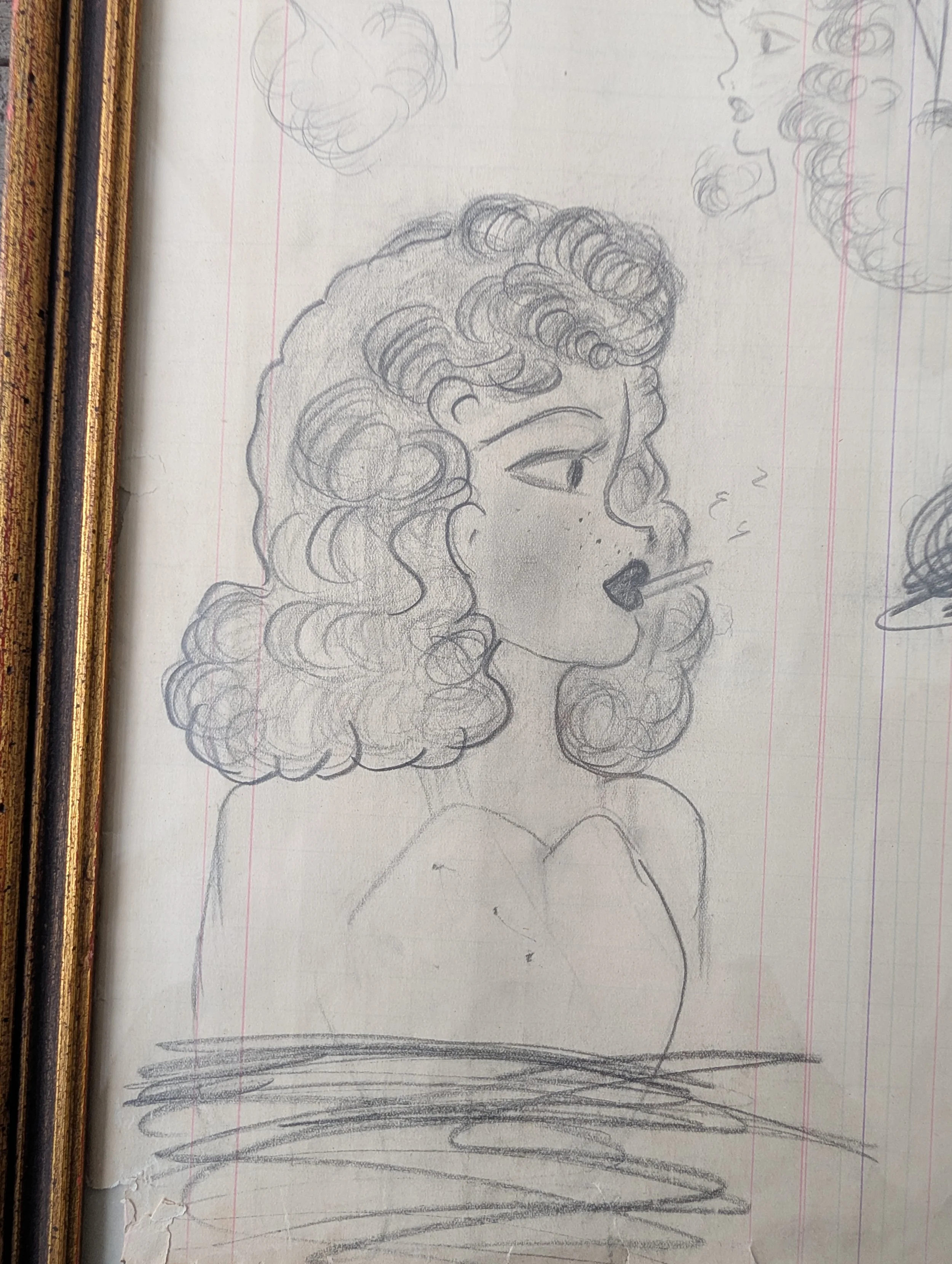 Vintage (1940s) Original Art Fashion and Character Sketches by Anonymous Artist - Graphite on Paper, Framed.