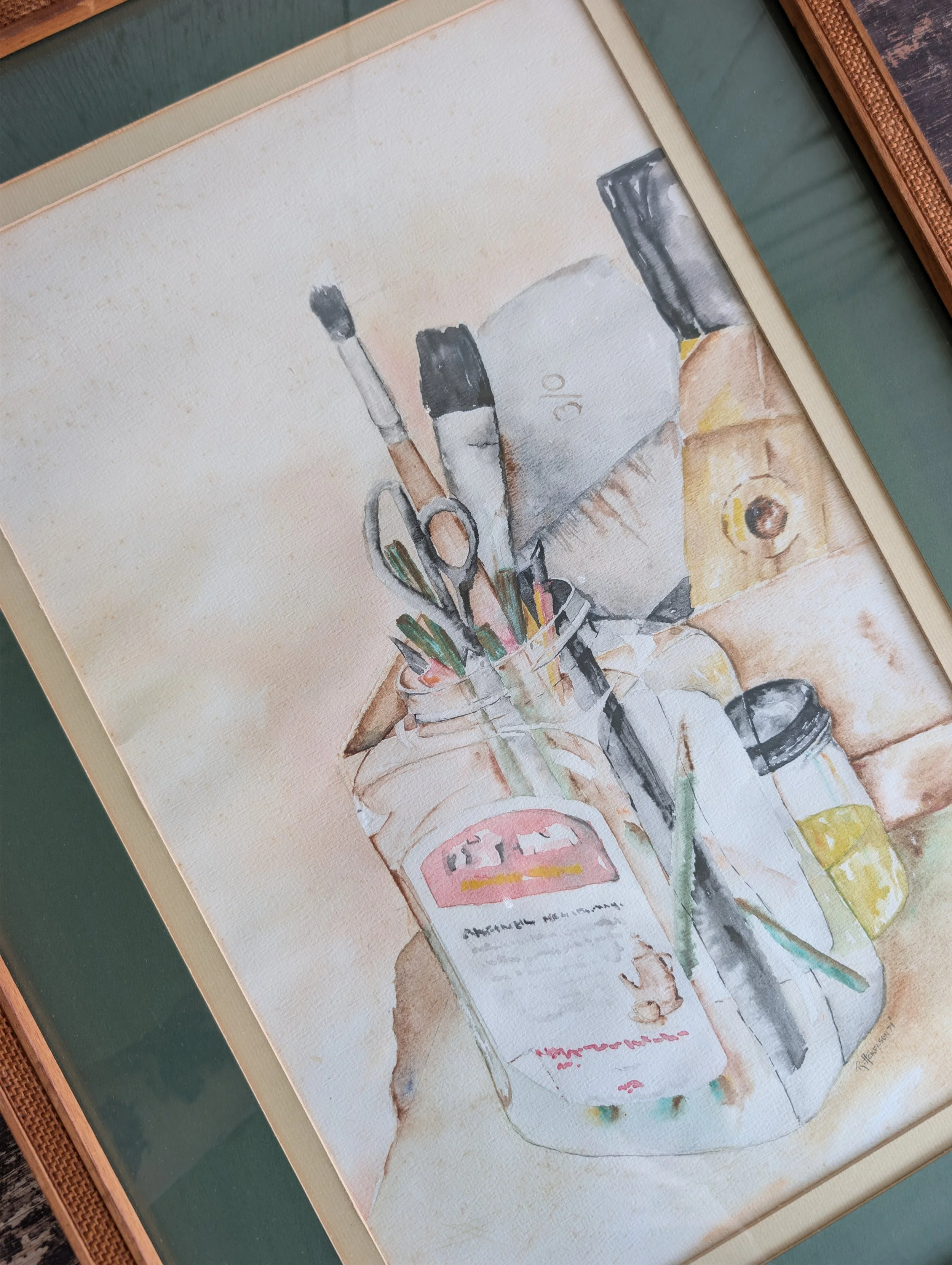 Vintage (1971) Signed + Dated Original Art : Still Life Painting Supplies - Framed Watercolor by R. Ackelson.
