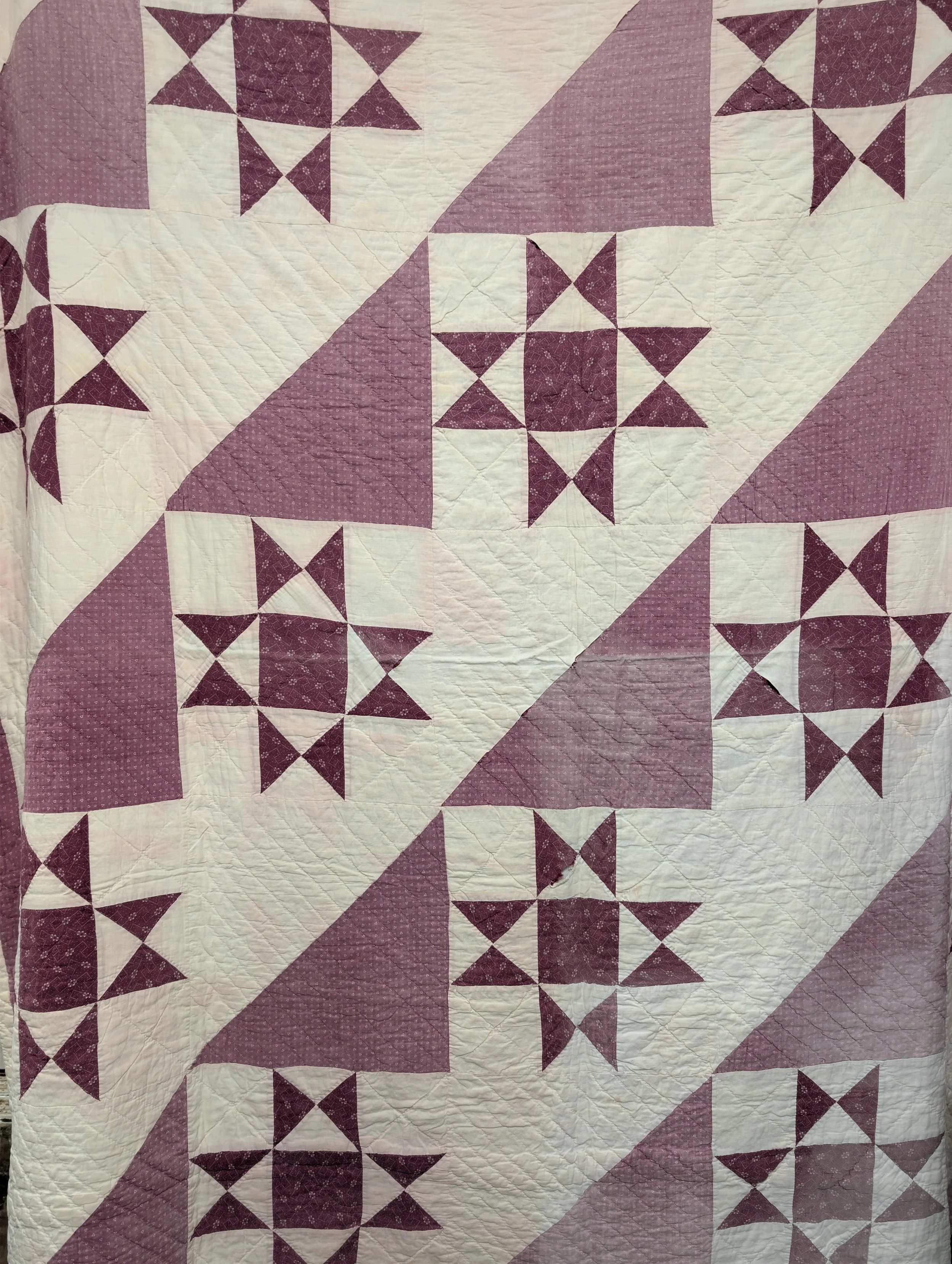 Vintage (1940s) Distressed Hand + Machine Sewn Hunters Star Variation Patchwork Quilt.