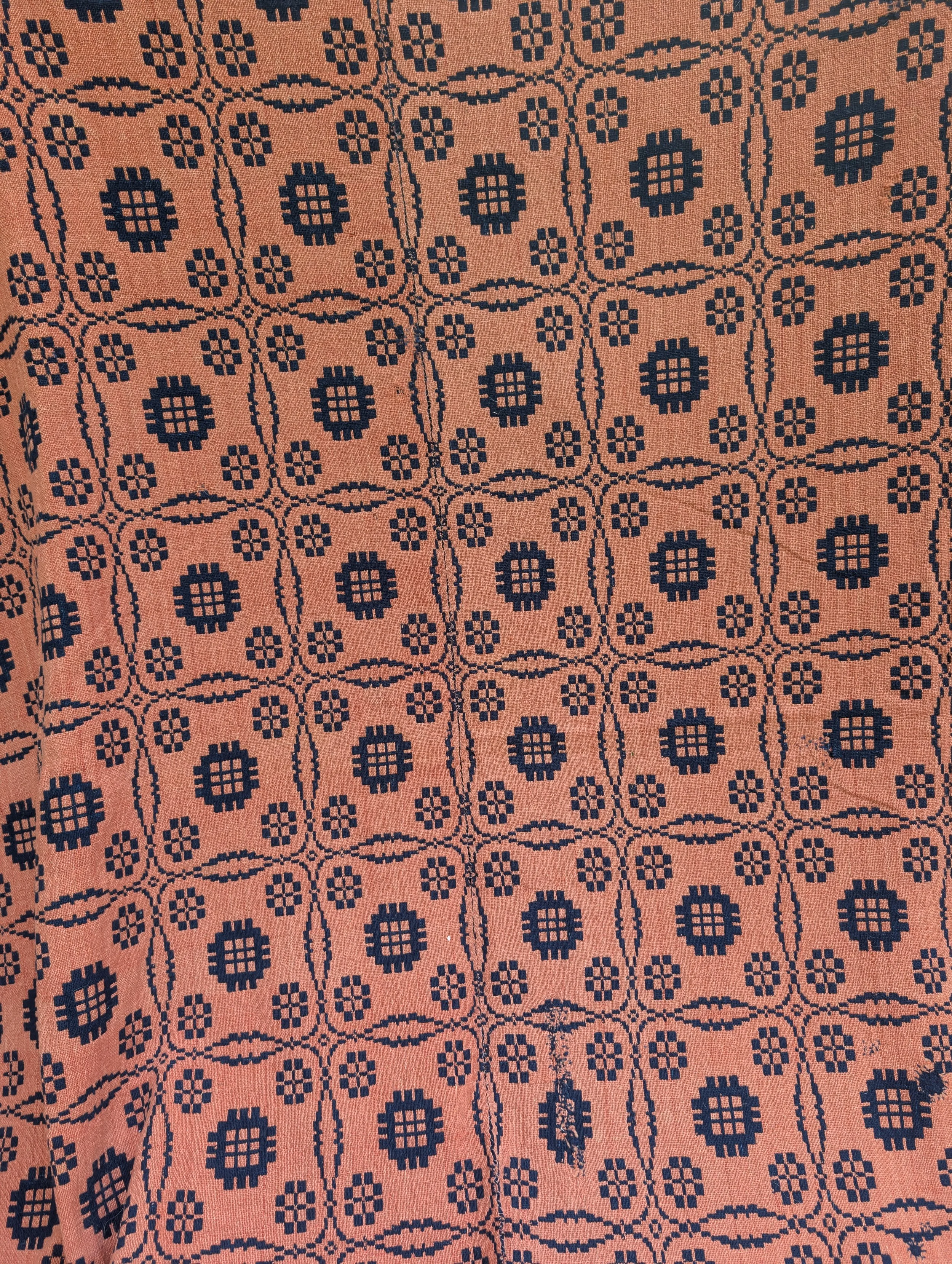 Antique (1860s) American Geometric Woven Coverlet : Lovers Knot With Pine Tree Border.