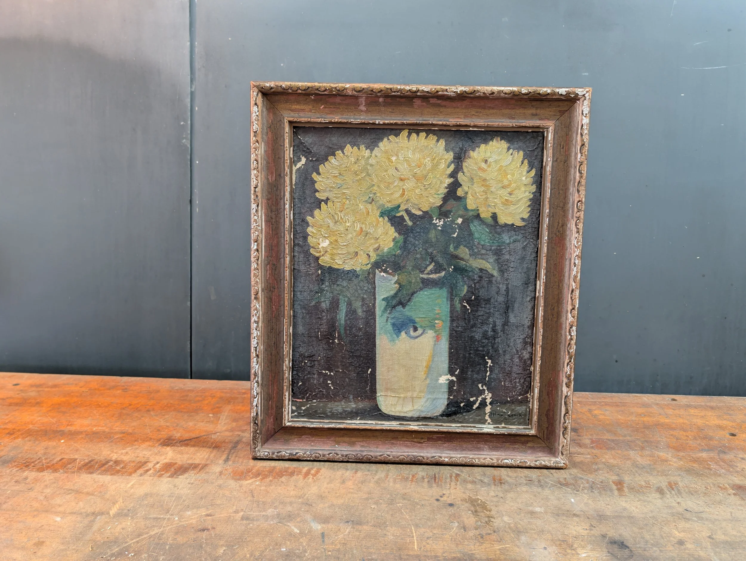 Vintage (1950s) Signed Original Art - Mid-Century Floral Still Life Painting : Oil On Canvas likely by William Lerch.