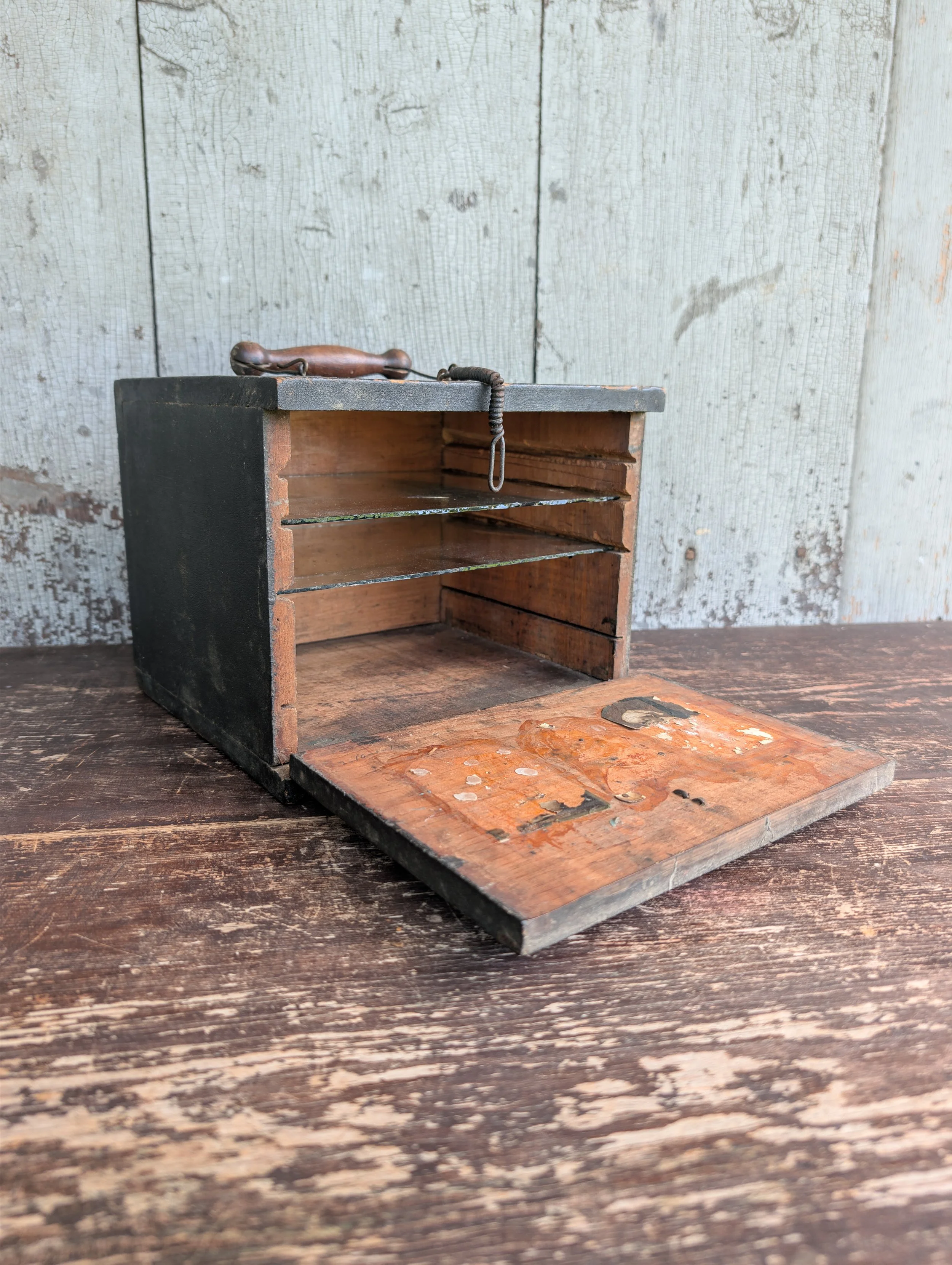 Antique (1900) Wood Hospital Laboratory Box With Glass Shelves - Initialed HSH.