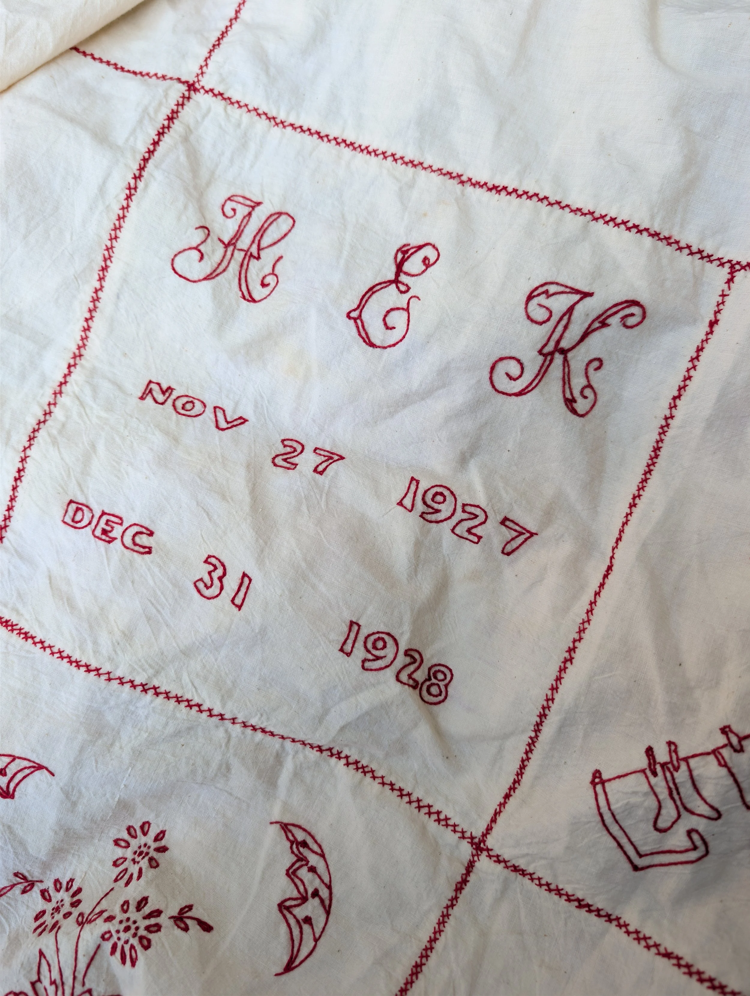 Vintage (1927/1928) Redwork Embroidery Quilt Top - Hand Stitched + Embroidered.